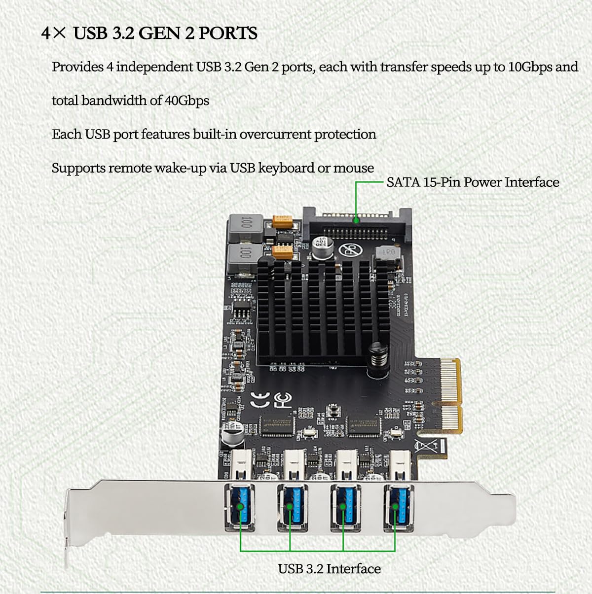 PCIe 3.0 X4 na 4-portowa karta rozszerzeń USB 3.2 Gen2 – szybki przemysłowy adapter USB 40 Gb/s, z 4 niezależnymi portami 10 Gb/s, kompatybilny z komputerami stacjonarnymi i serwerami