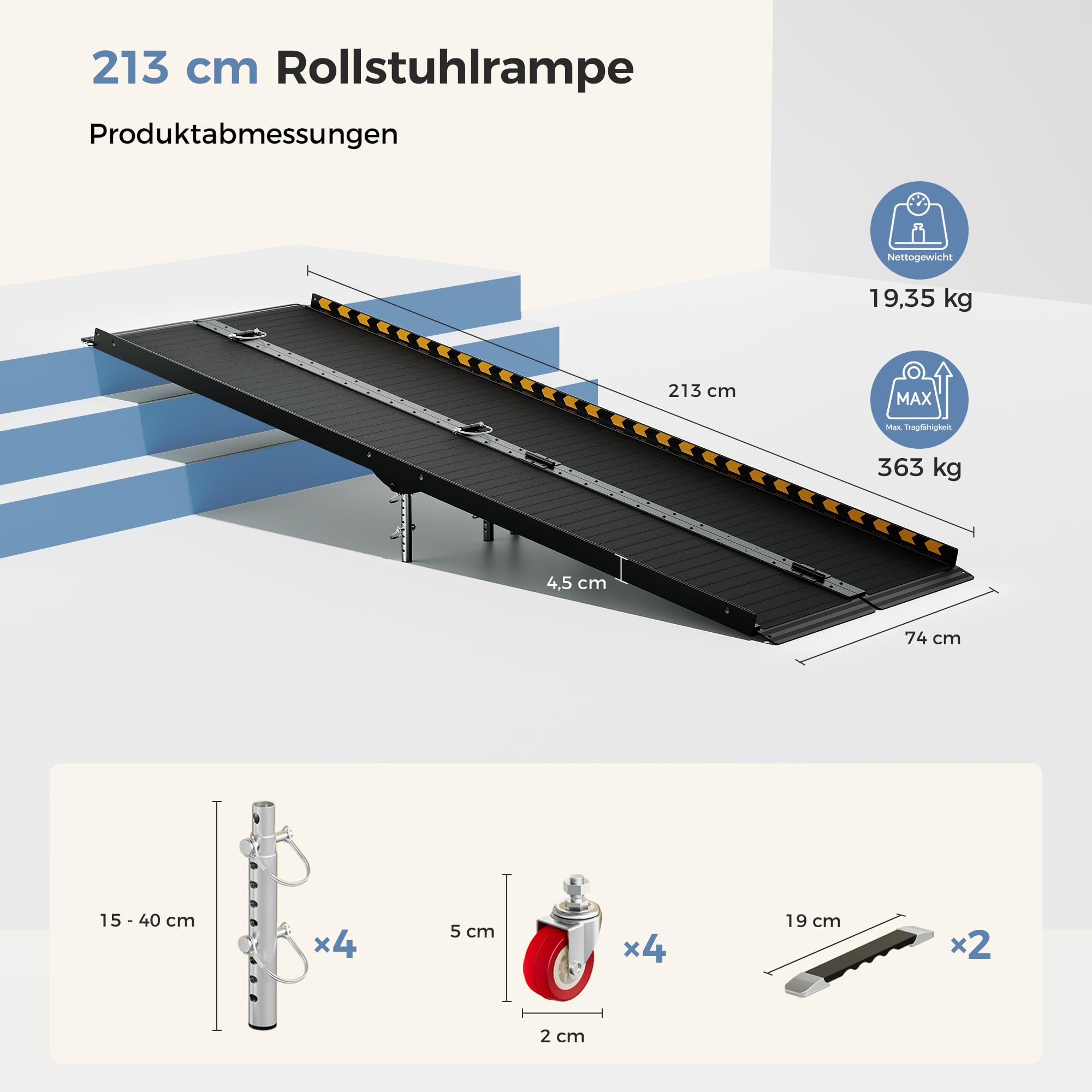 213 cm Rollstuhlrampe, 363kg Kapazität, mit 4 verstellbaren Stützen, 4 Rädern, Hochfeste Aluminiumlegierung, Anti-Rutsch, 4-Wege Faltbar, Ideal Rampe Rollstuhl für Treppen & Türschwellen 17-35 cm