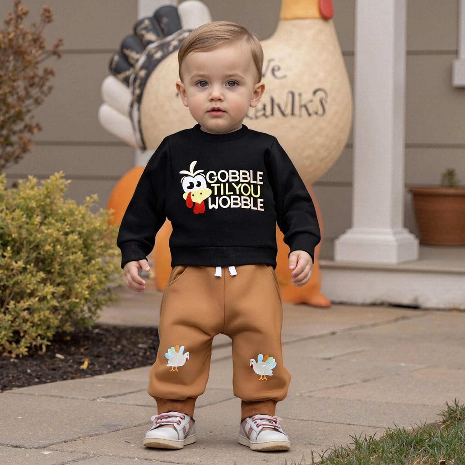 Toddler Baby Boy Thanksgiving Outfit Turkey Letters Embroidery Crewneck Sweatshirt and Jogger Pants 2Pcs Clothes Set - Image 3