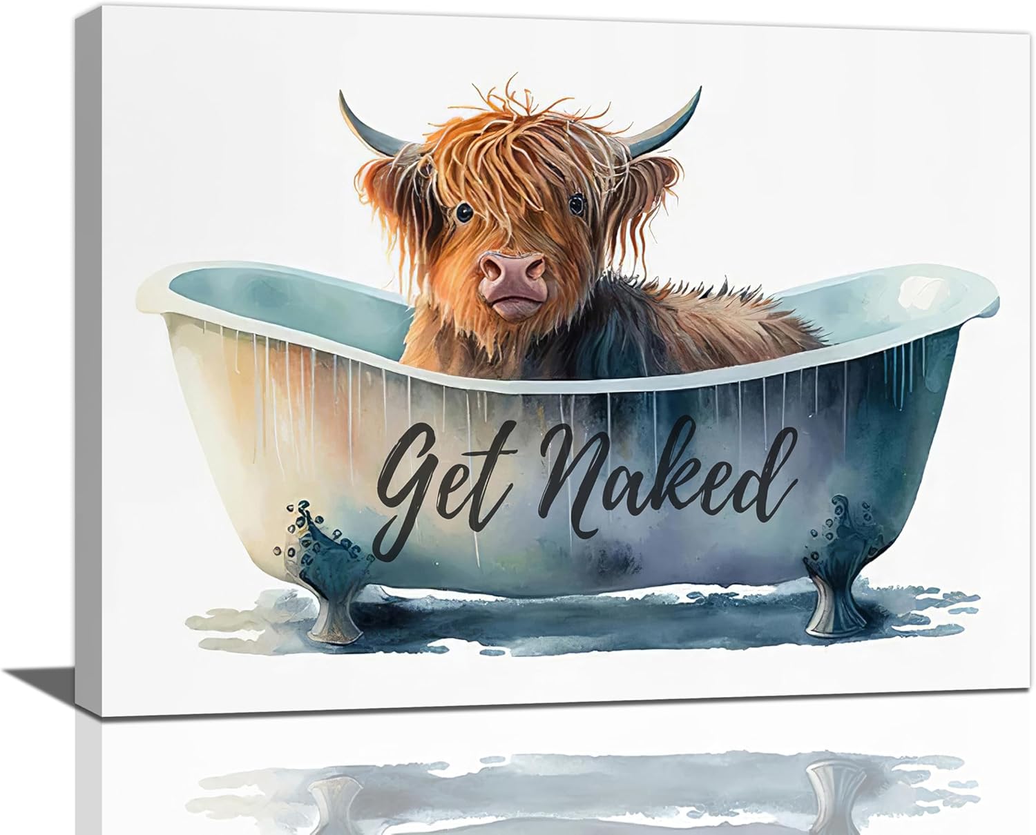 Highland Cow Bathroom Wall Art - Funny Cow in Bathtub Canvas Print - Cute Cattle Painting Artwork for Home Decor - Modern Framed Picture for Restroom Toilet 16"x20"