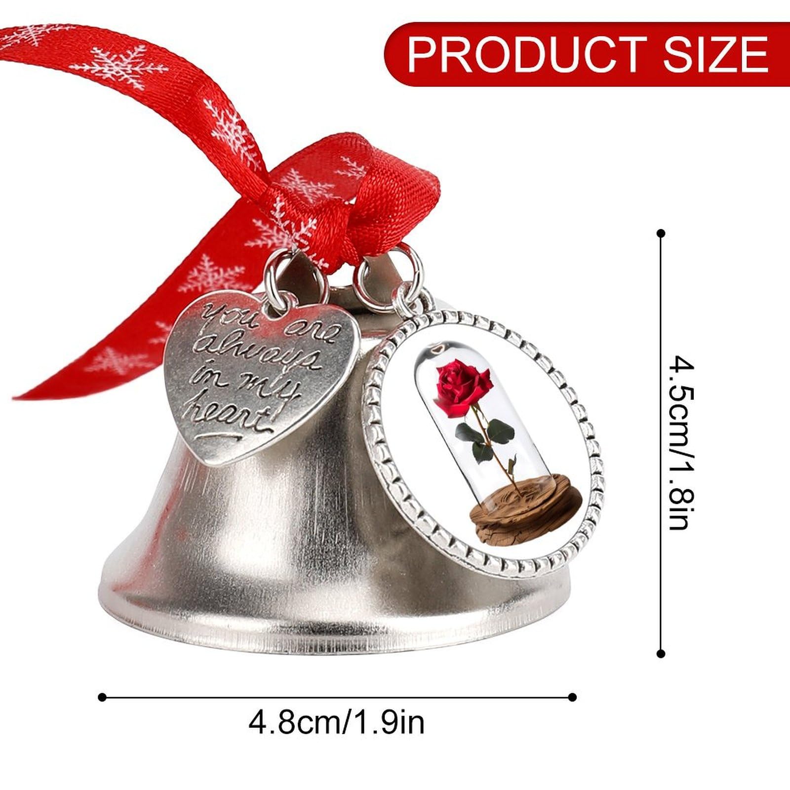 Red Rose Glass Dome Funny Christmas Bell Ornament Cute Xmas Tree Hanging Pendant Decoration for Holidays Party