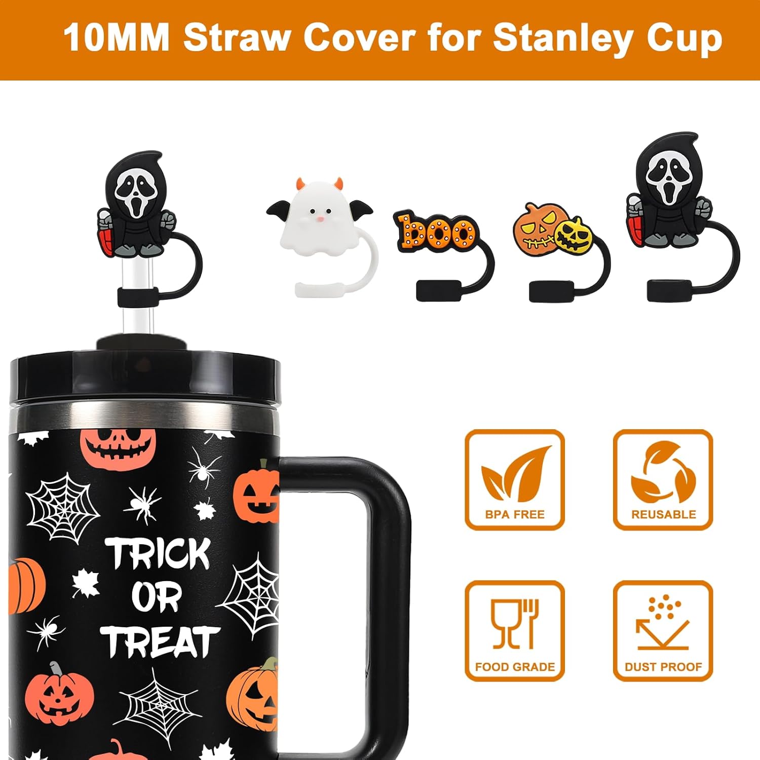 Christmas Halloween Straw Covers Cap Compatible with Stanley Cup 30 40 oz, 4PCS Silicone Reusable Drinking Straw Topper Including 4 styles, Funny Party Straw Cover for Stanley. (Halloween Boo Set) - Image 3