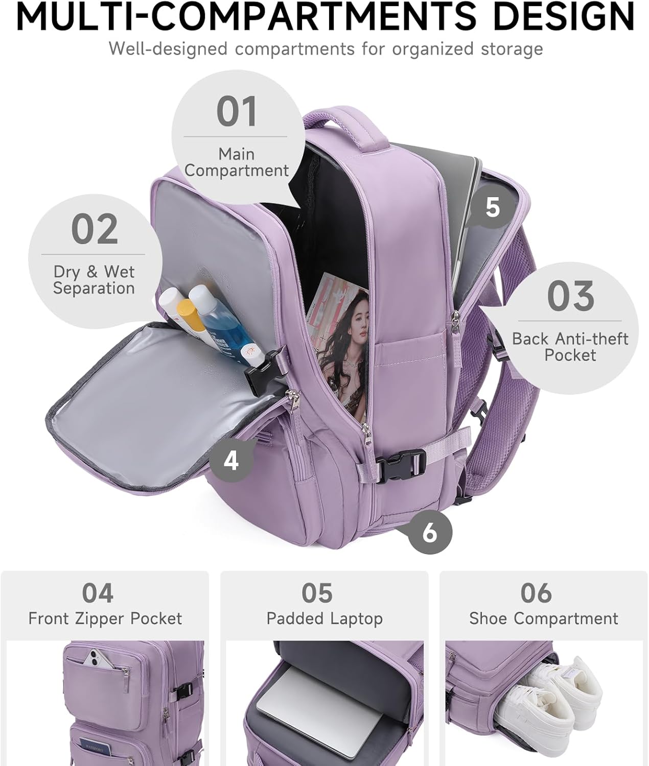 GAEKEAO Travel Backpack For Women Men Airline Approved Carry On Laptop Backpack with USB Port Casual Daypack for Hiking Weekender Business Sports Light Purple