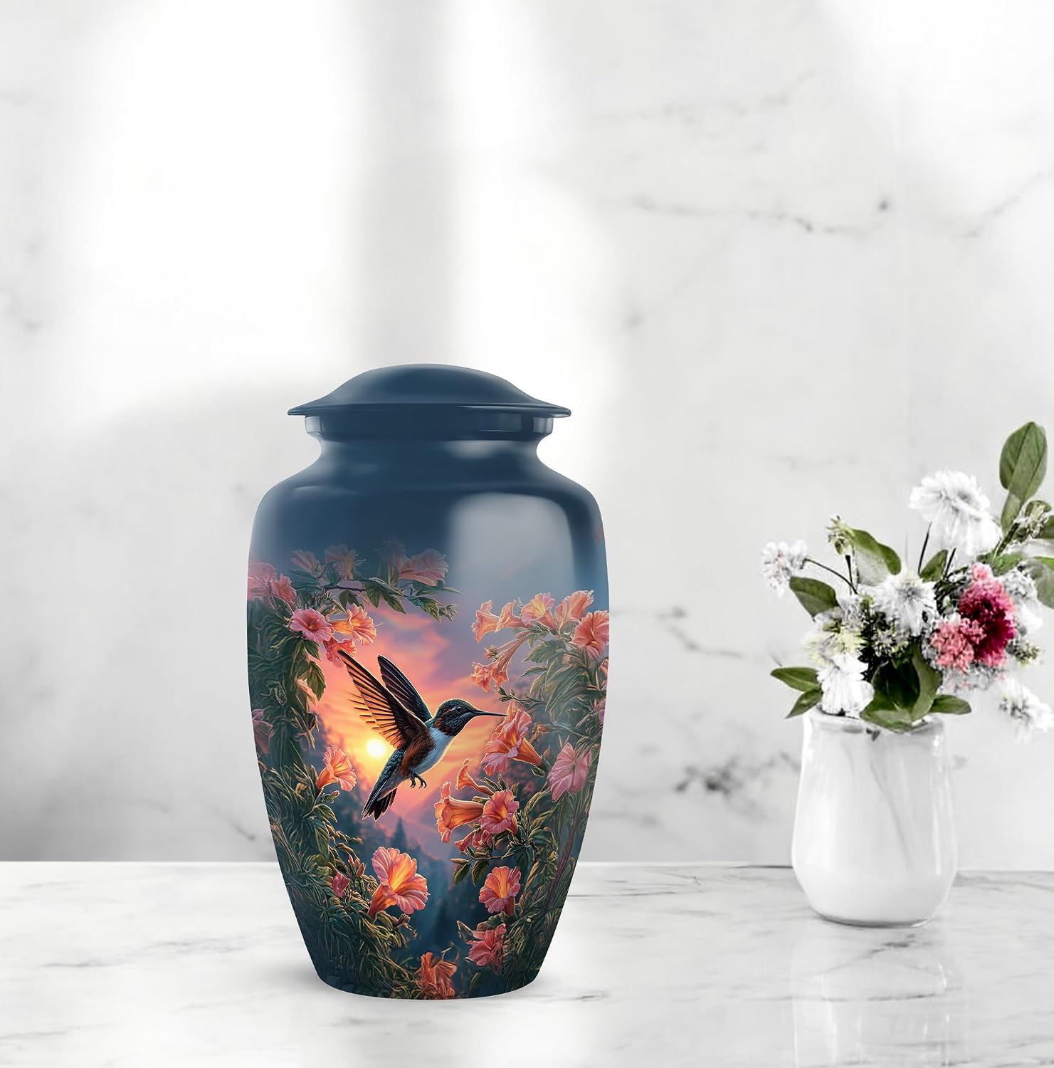 Humming Bird Memorial Urn for Ashes Husband & Wife - Large Sunset Flowers Memorial Urns for Male & Female - Blue Urn for Men & Women - Decorative Combo Urns for Funeral (1 Large, 4 Keepsake)