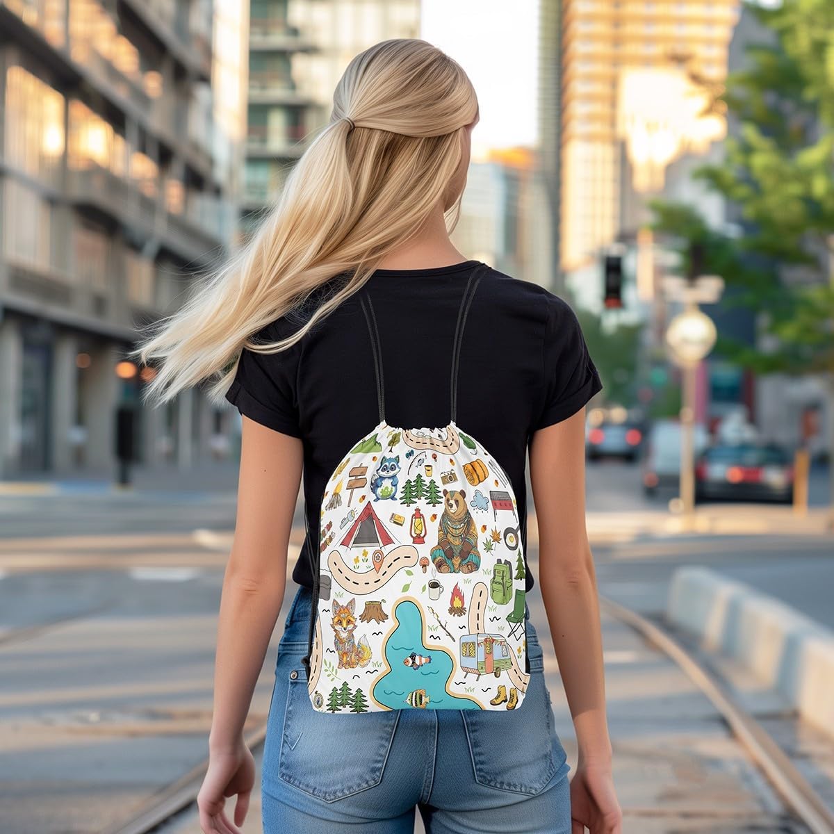 jejeloiu Camping Adventure Sports Drawstring Sackpack 13"x15.7" Cartoon