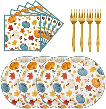 72 Pcs Fall Plates Napkins and Forks Set, 7 Inch, Serves 24 Guests