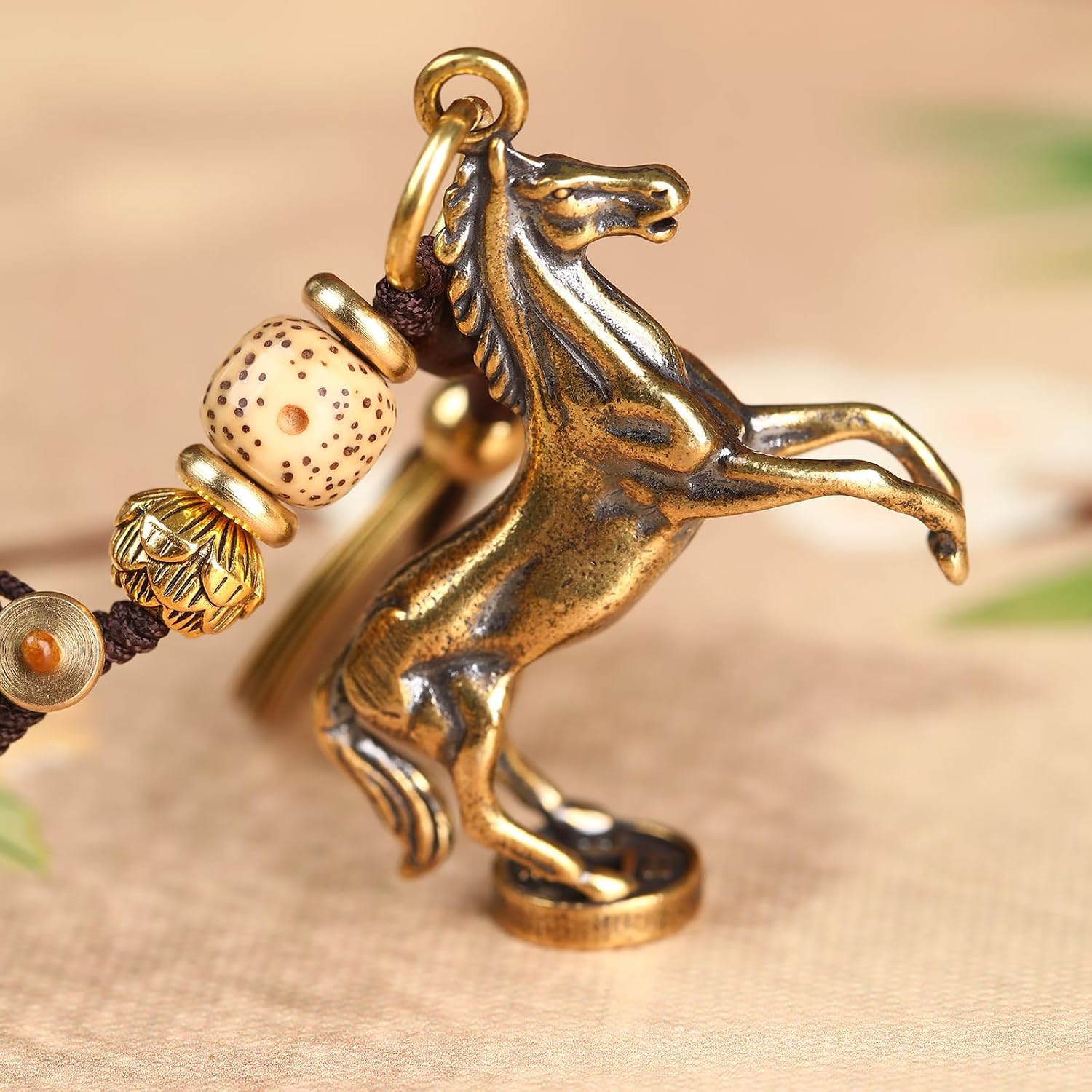 Chinese Zodiac Keychain, Brass Animal Sign Lucky Charm with Five Emperor Coins, Feng Shui Keyring for Protection