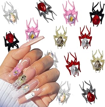 Halloween Nail Charms 3D Alloy Spider Nail Charms Gold Silver Red Pink Black Spider Nail Gems Jewelry Spider Nail Rhinestones Design Halloween Charms for Acrylic Nails DIY Nail Decoration 12Pcs