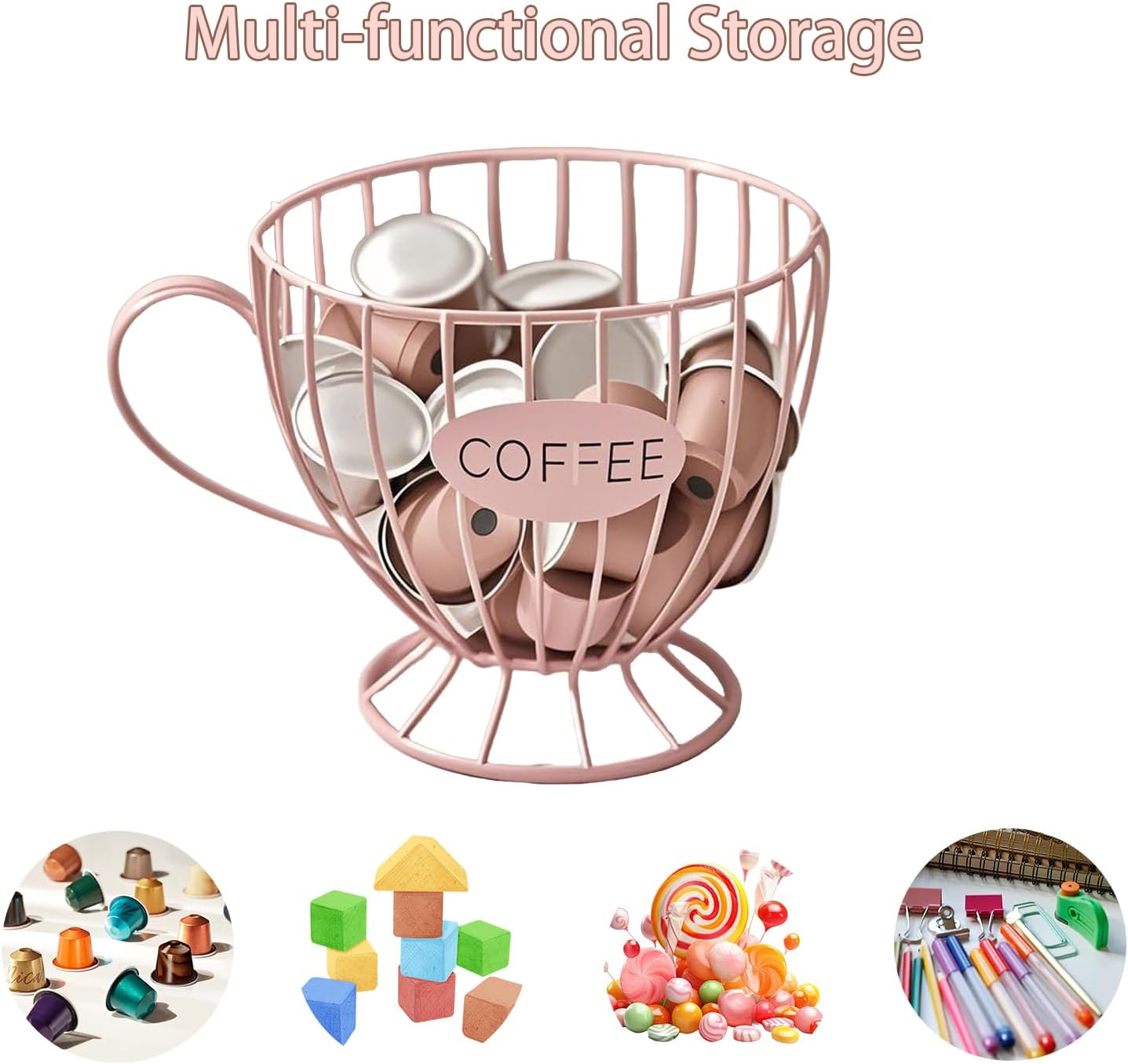 Pink Coffee Pod Holder, Cute Cup Shape Metal K Cup Holder with COFFEE Letter, Large Capacity Coffee Capsule Storage Basket for Countertop, Decorative Coffee Bar Organizer for Kitchen & Office