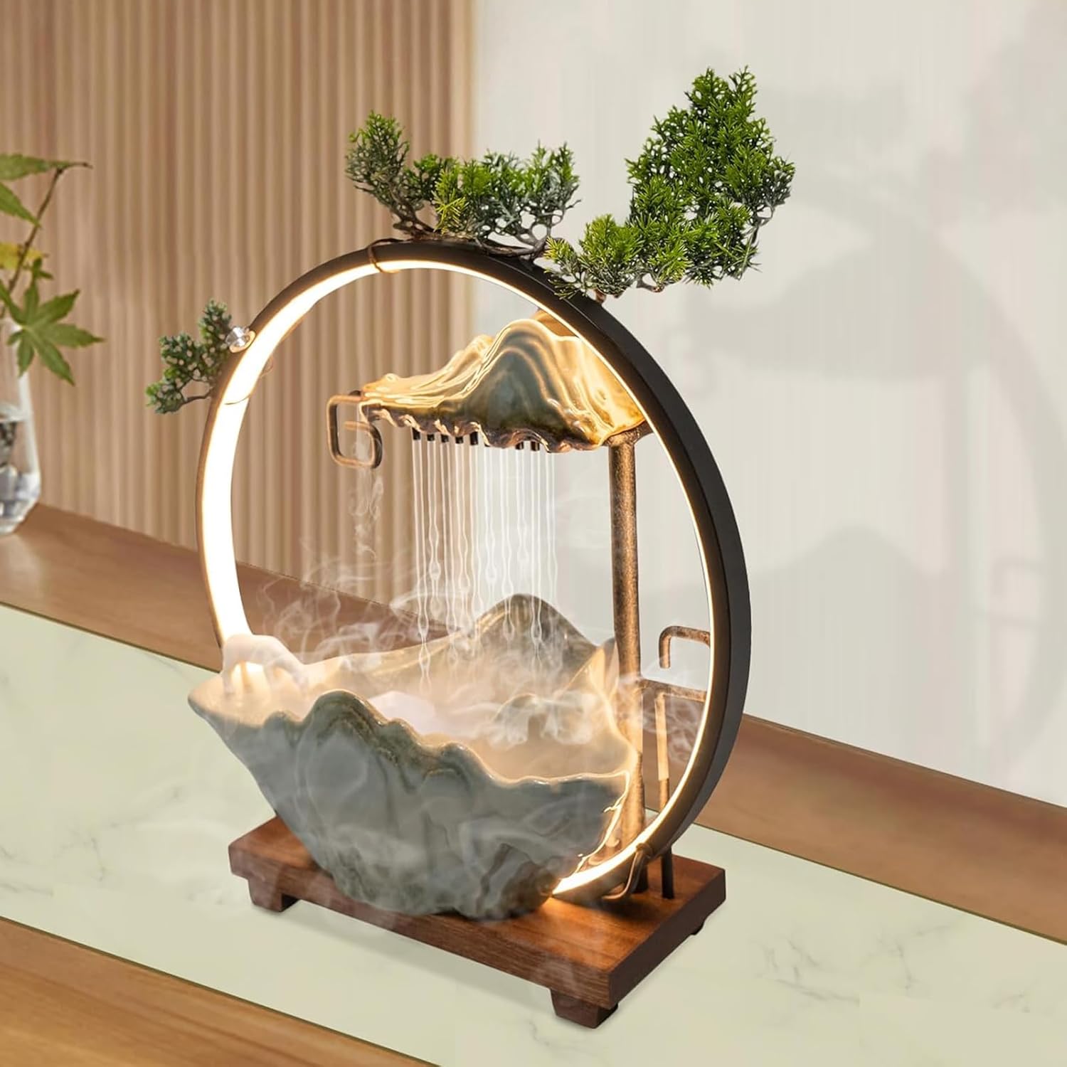 Tabletop Water Fountain with LED Light Loop, Artificial Landscape Tabletop Fountain with Atomizer, Indoor Outdoor Zen Feng Shui Decor for Good Luck Wealth Relaxation(13.8"W x 5.5"D x 15"H, A)