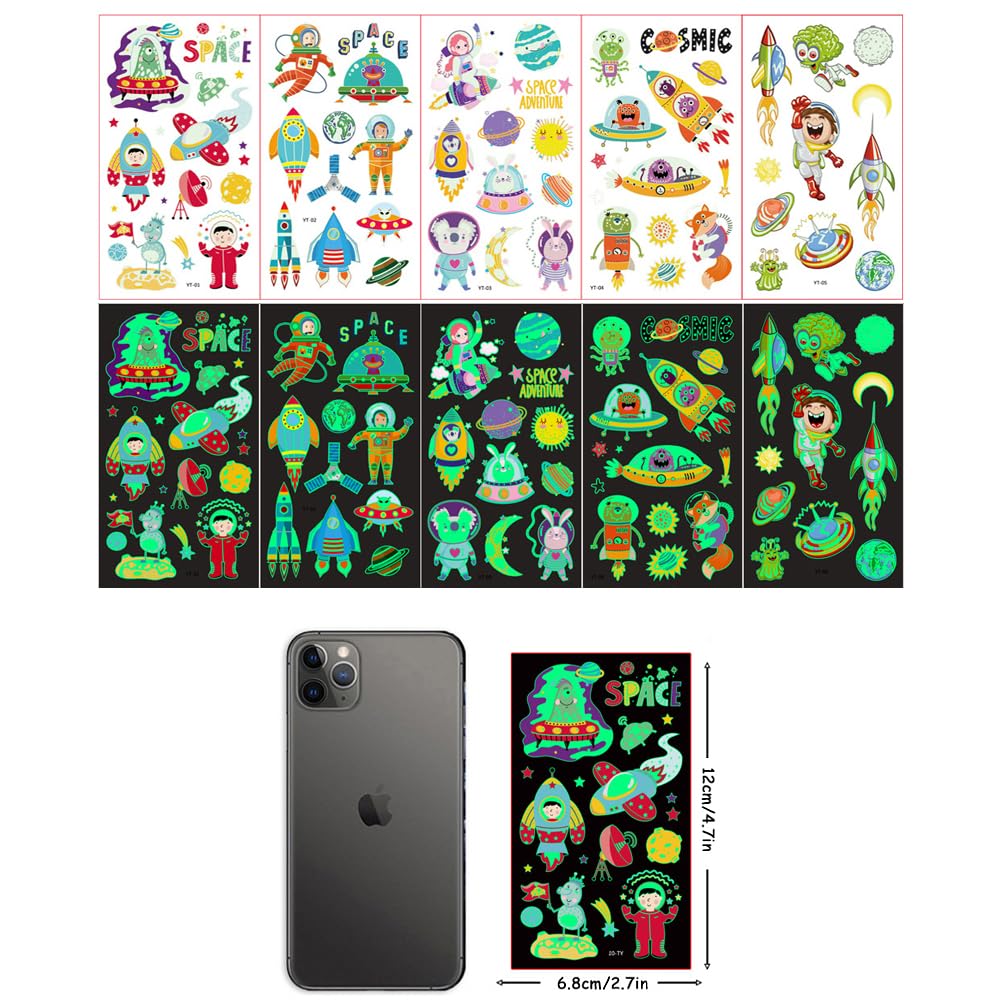 Space Temporary Tattoos,10 Sheets Luminous Planet Fake Tattoo Stickers Glow in Dark Astronaut Rocketship Universe Tattoos for Boys Girls Kids Party Supplies - Image 3