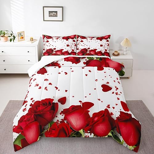 Miniatura 6 de Feelyou Juego de edredón de pétalos de rosas rojas, ramo floral, diseño botánico, juego de edredón de microfibra romántica de flores, juego de