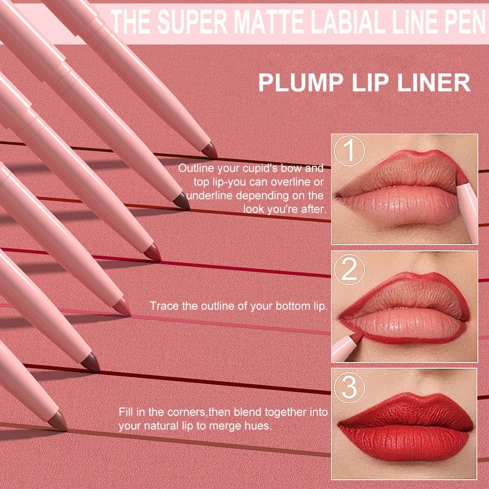 evpct 6Pcs Retractable Lip Liner Pencils Set Pack for Shaping & Sculpting Lips, Mauve Maroon Red Orange Nude Chocolate Dark Brown Plum Creamy Matte Gel Lip Liner Lipliners Pencil delineador de labios