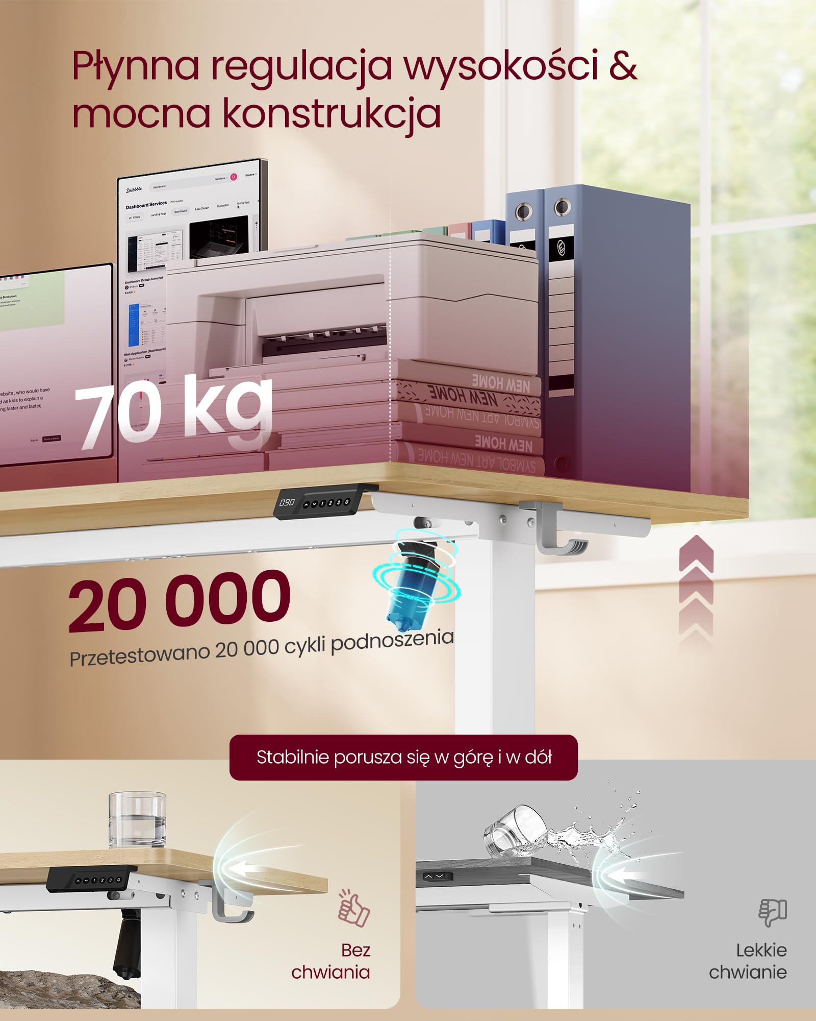 VASAGLE LSD310YA03 biurko z regulacją wysokości, stolik pod komputer, funkcja pamięci o 4 wysokościach, 100 x 60 cm, kolor złoty dąb