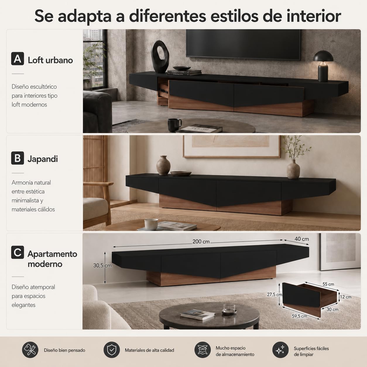 Mueble bajo para televisión Negro con Aspecto de Madera, Mesa de TV de 200 cm con cajones, Moderno Armario de TV con Espacio de Almacenamiento, Mueble bajo para Sala de Estar, Mueble