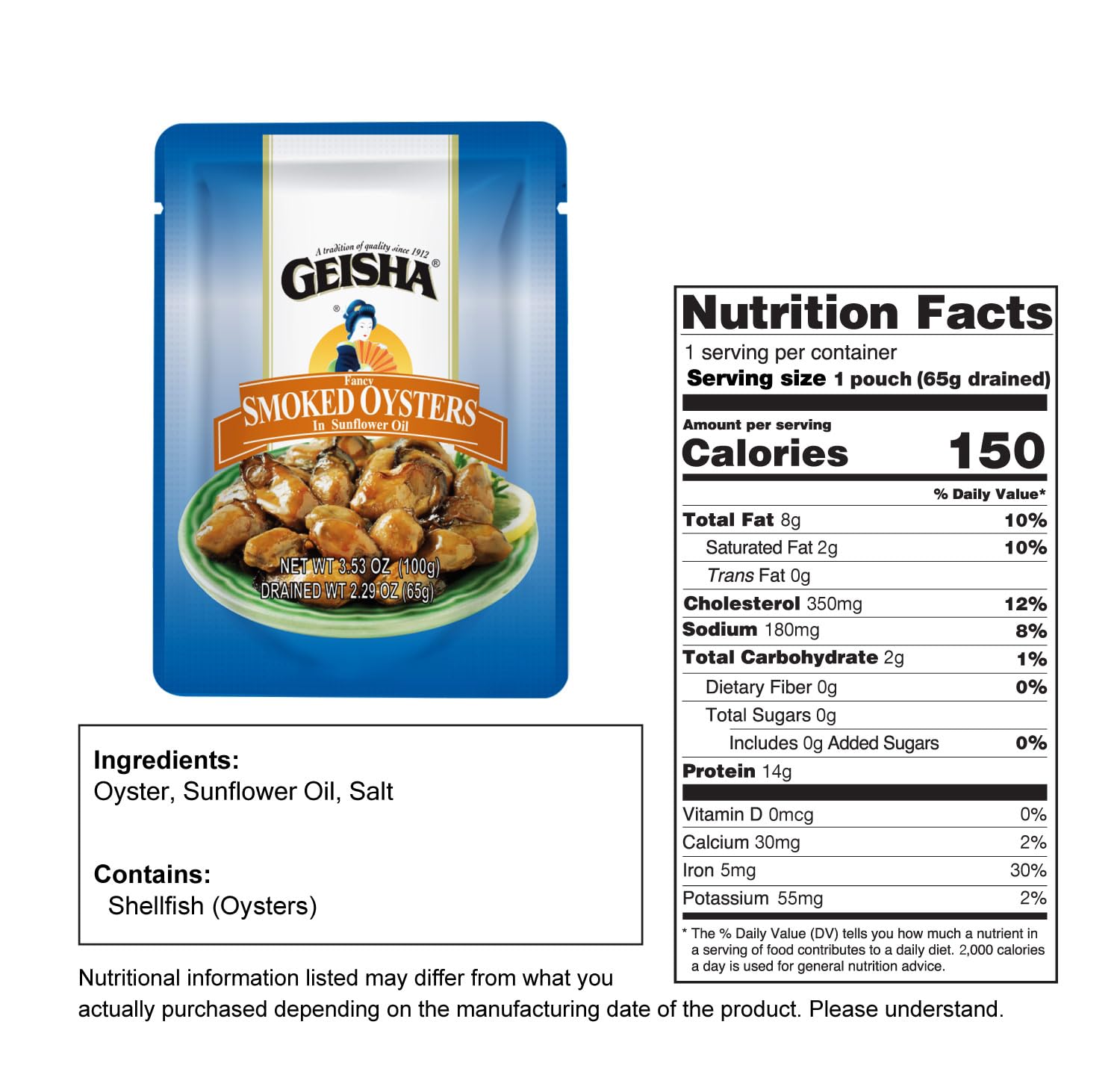 GEISHA Smoked Oysters in Sunflower Oil 3.53oz(Pack of 24), Smoked Oysters | Zero Trans Fat - No Sugar Added – Farm Raised – Good Source of Iron – Gluten Free – Good Source of Protein