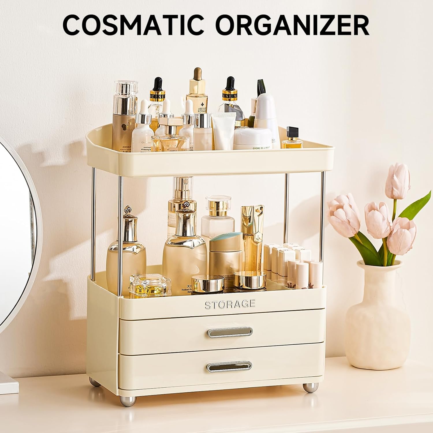Bathroom Organizers and Storage | 2-Tier 2-Drawer Makeup Organizer Countertop, Easy to Install & Multi-Purpose - Counter & Sink Storage Shelf for Vanity, Skincare, Perfume, Present, and More
