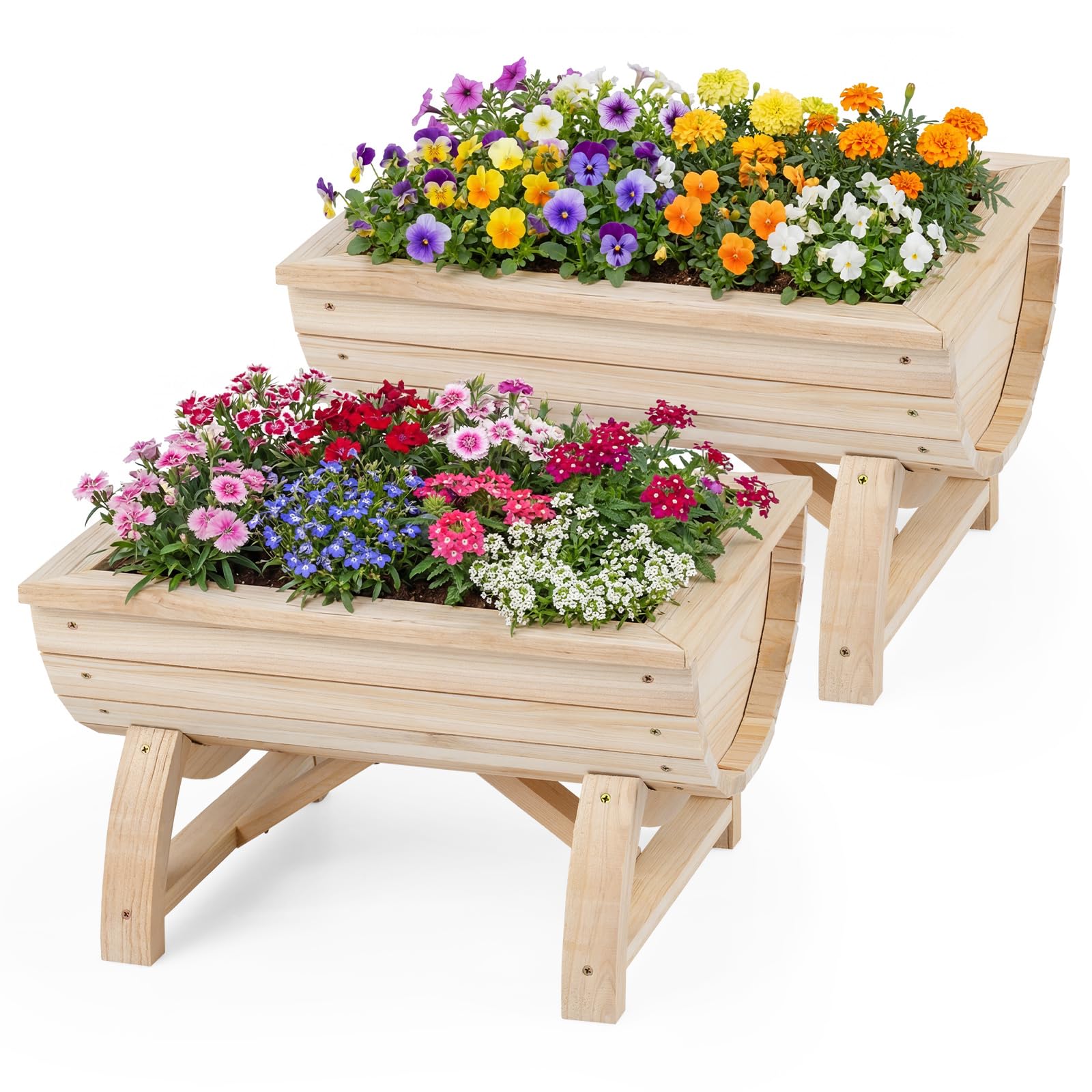 GOPLUS Blumenkasten 2er Set, Hochbeet aus Holz, Pflanzkasten mit Entwässerungsloch & Beinen, halbes Blumenfass für Gemüse, Kräuter, Obst, Outdoor Gartendeko, Blumentopf Blumenbeet für Garten & Balkon