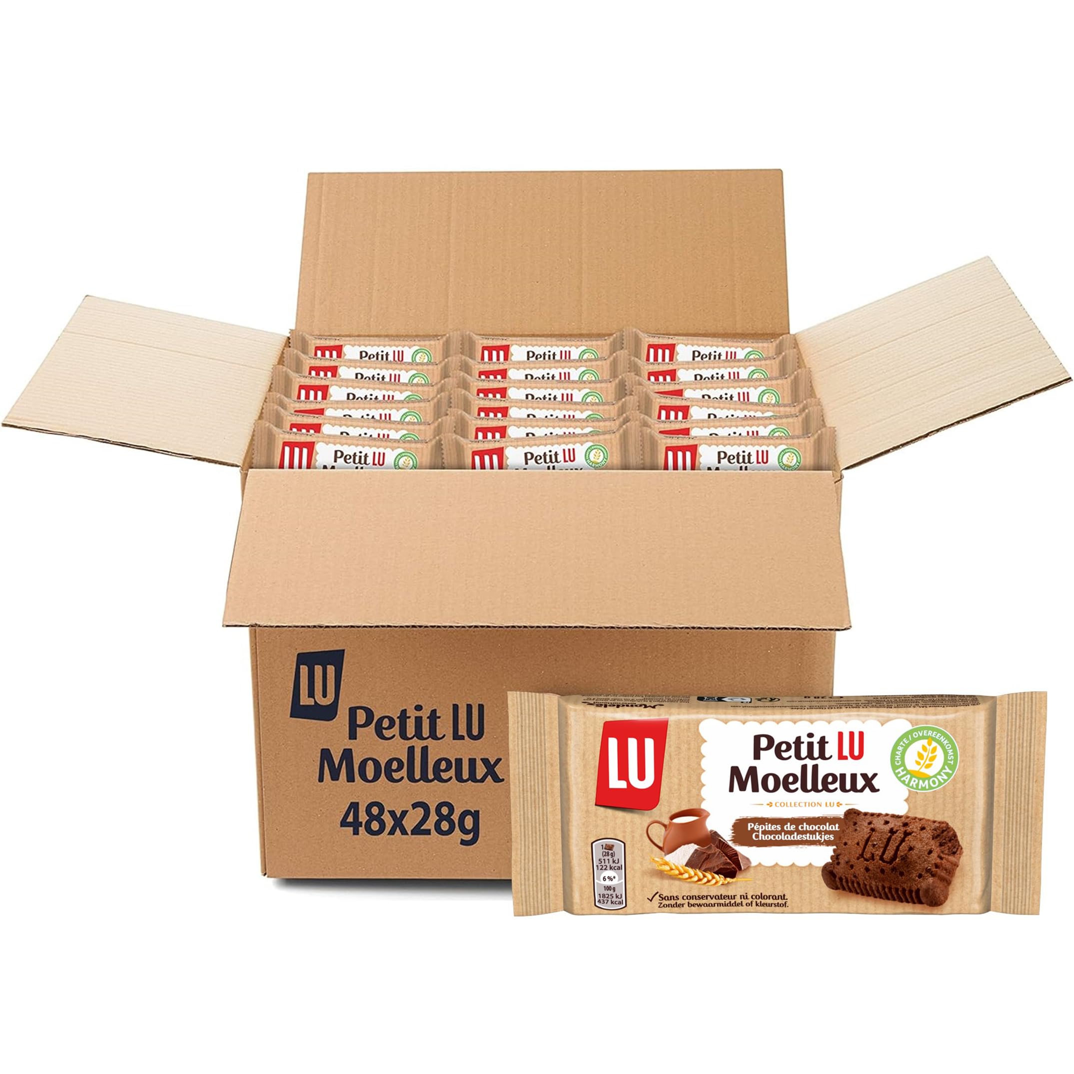 LU - Petit LU Moelleux - Gâteau Moelleux Pépites de Chocolat - Sans Conservateur Ni Colorant - Lot de Gâteaux en Sachets Individuels - Idéal pour le Goûter des Enfants - Carton de 48 Sachets de 28 g