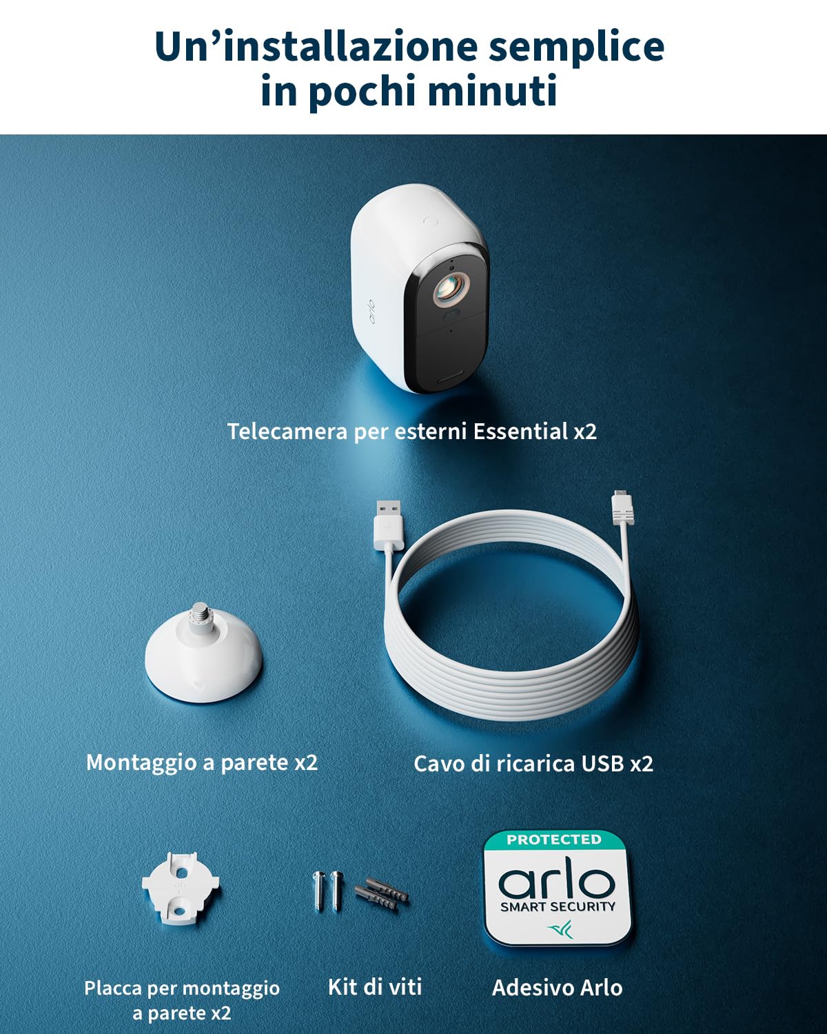 Arlo Essential - Telecamera di sorveglianza a batteria HD, per esterni, Wi-Fi, senza fili, video 1080p, visione notturna a colori, luce, rilevatore di movimento, sirena, audio a 2 vie, con periodo di