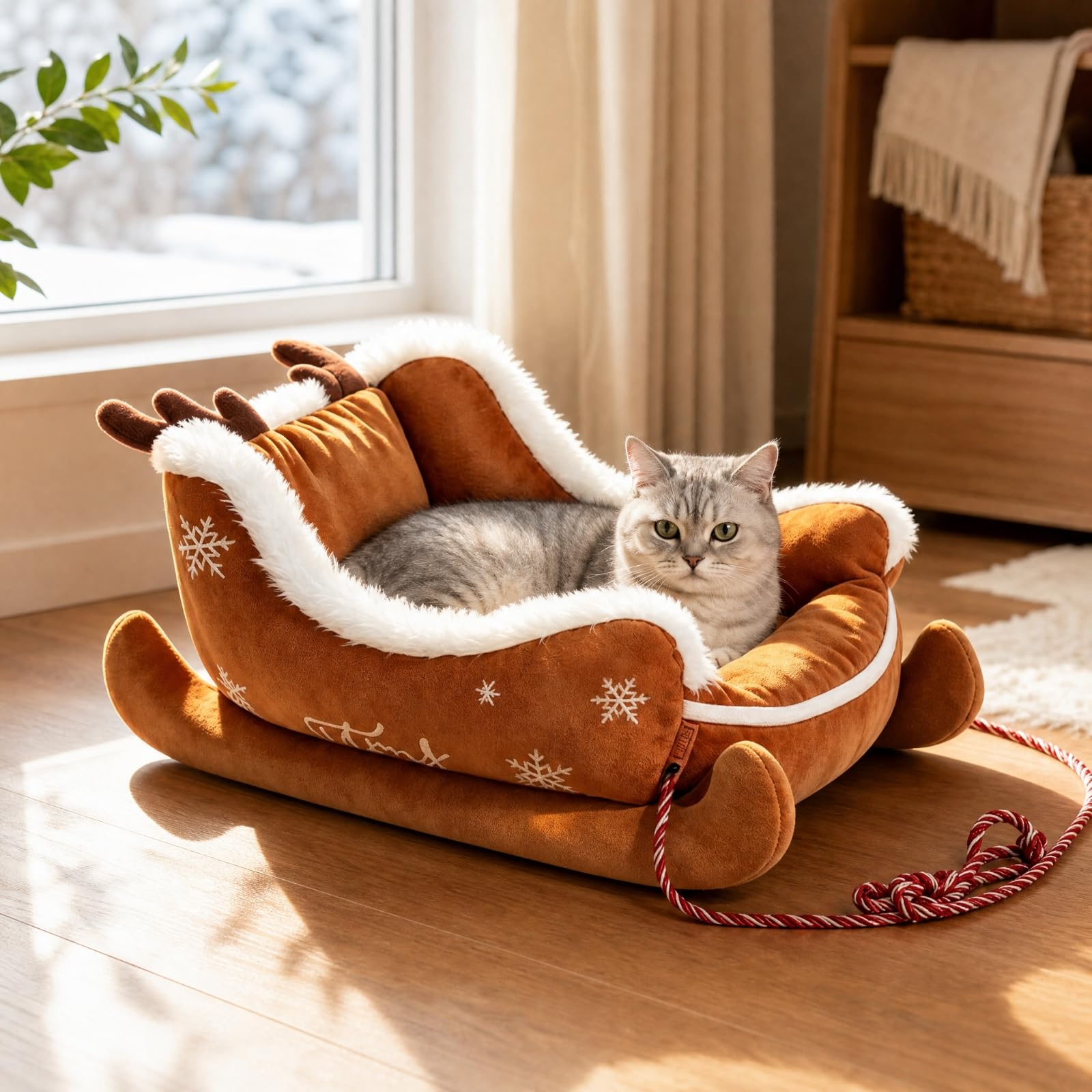 Cama con Forma Trineo Afelpada, Marrón, M