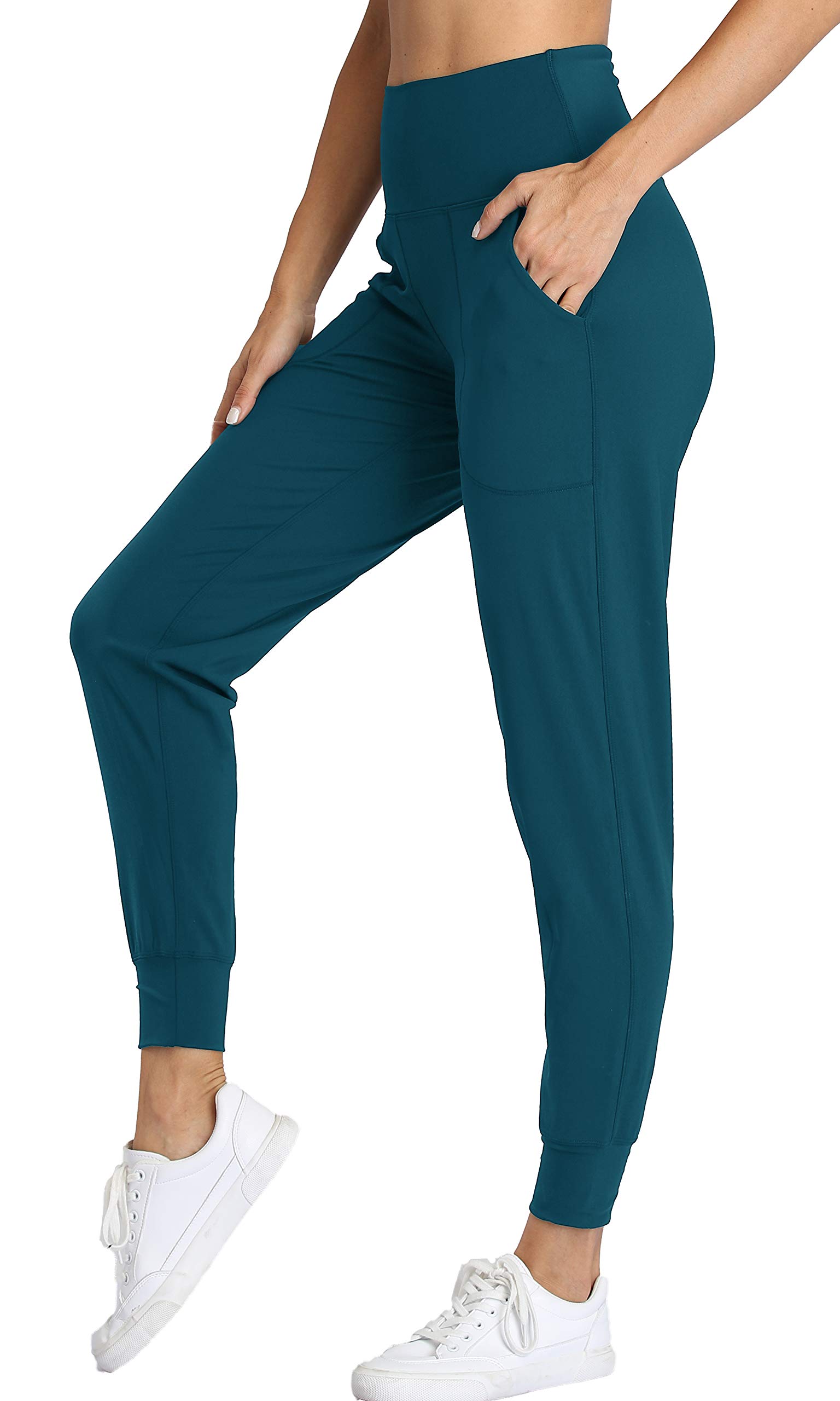 Oalka Women's Joggers High Waist Yoga Pockets Sweatpants Sport Workout Pants Teal XX-Large