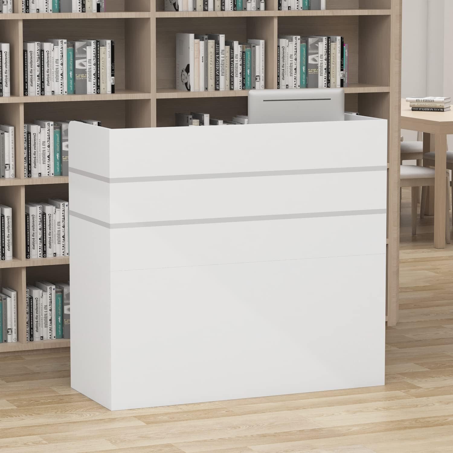 AIEGLE Reception Desk with Drawers & Storage Shelves, Table with Private Panels, for Salon Reception Room Checkout Office, Black (47.3" L x 18.3" W x 43.3" H)