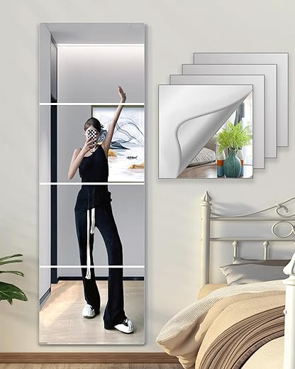 Shatterproof Wall Mirror Full Length for Bedroom, Acrylic Gym Mirrors For Home, Extra Thick: 0.12 inch, 12 x 12 inch x 4 Pcs, Workout Mirrors Safe for Kids, Over The Door, Long Wall Mounted