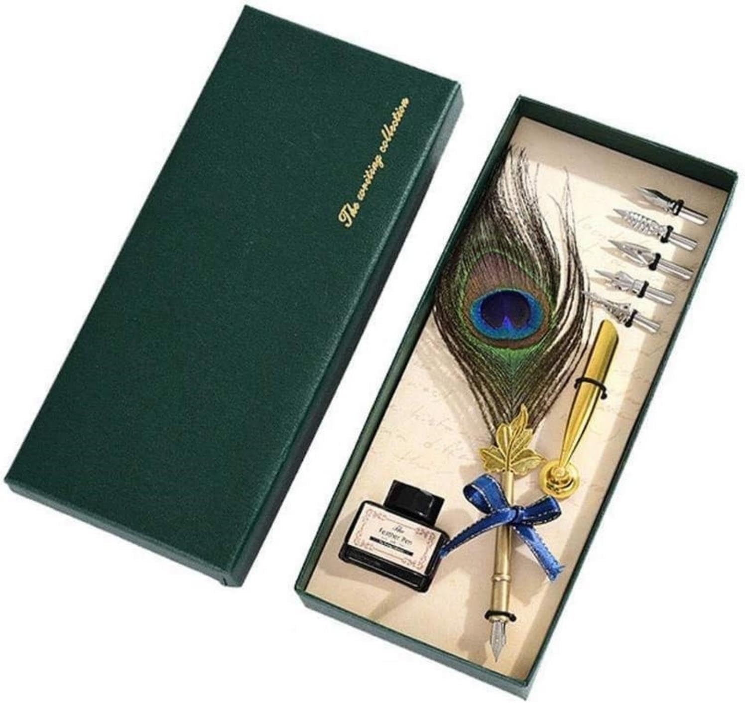 SKY-TOUCH Peacock Feather Pen Set: Nice Quill Pen with Metal Pen Handle Cool Calligraphy Pens with Nib Holder Dip Pen for Journaling Gift Desk Decor