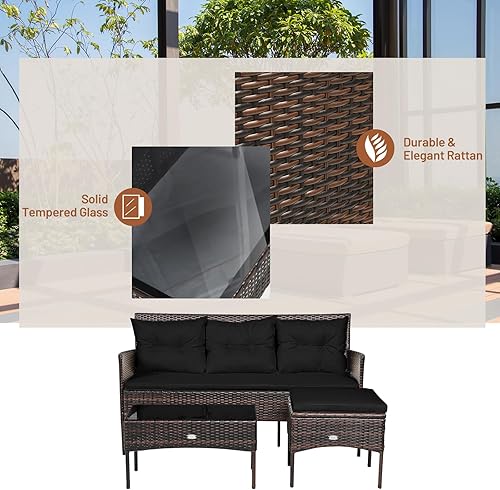 Miniatura 4 de RELAX4LIFE Juego de muebles de patio de 3 piezas, juego de sofá de conversación seccional de mimbre de ratán con 5 cojines de asiento y respaldo,