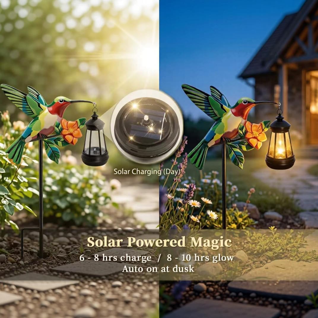 Solar Hummingbird Path Light, 2 Pack Waterproof Metal Stake Lantern for Outdoor Yard/Patio/Lawn, Auto-On/Off Garden Decor, Ideal Gift for Mom Grandma image 3