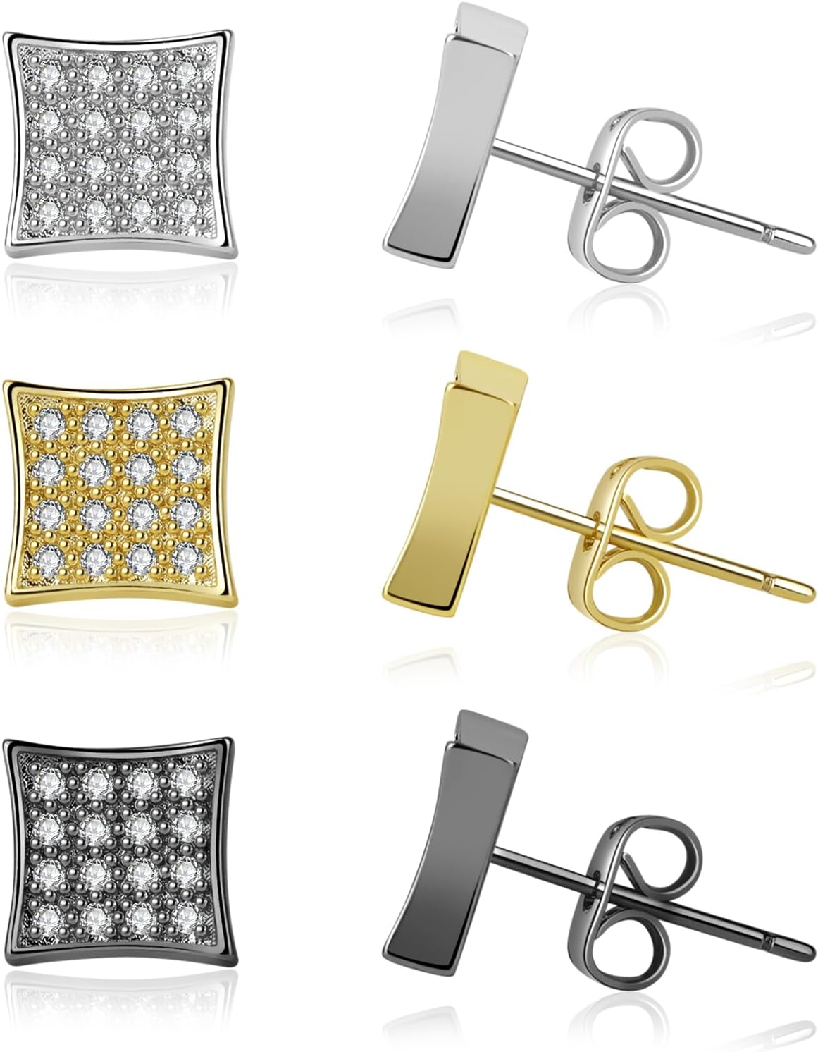3 Pairs HipHop Square Stud Earrings for Men Women, 14K Gold/Silver/Black Iced Out Earrings Concave Design Bling Cubic Zirconia Tiny Earrings Set with Gift Box