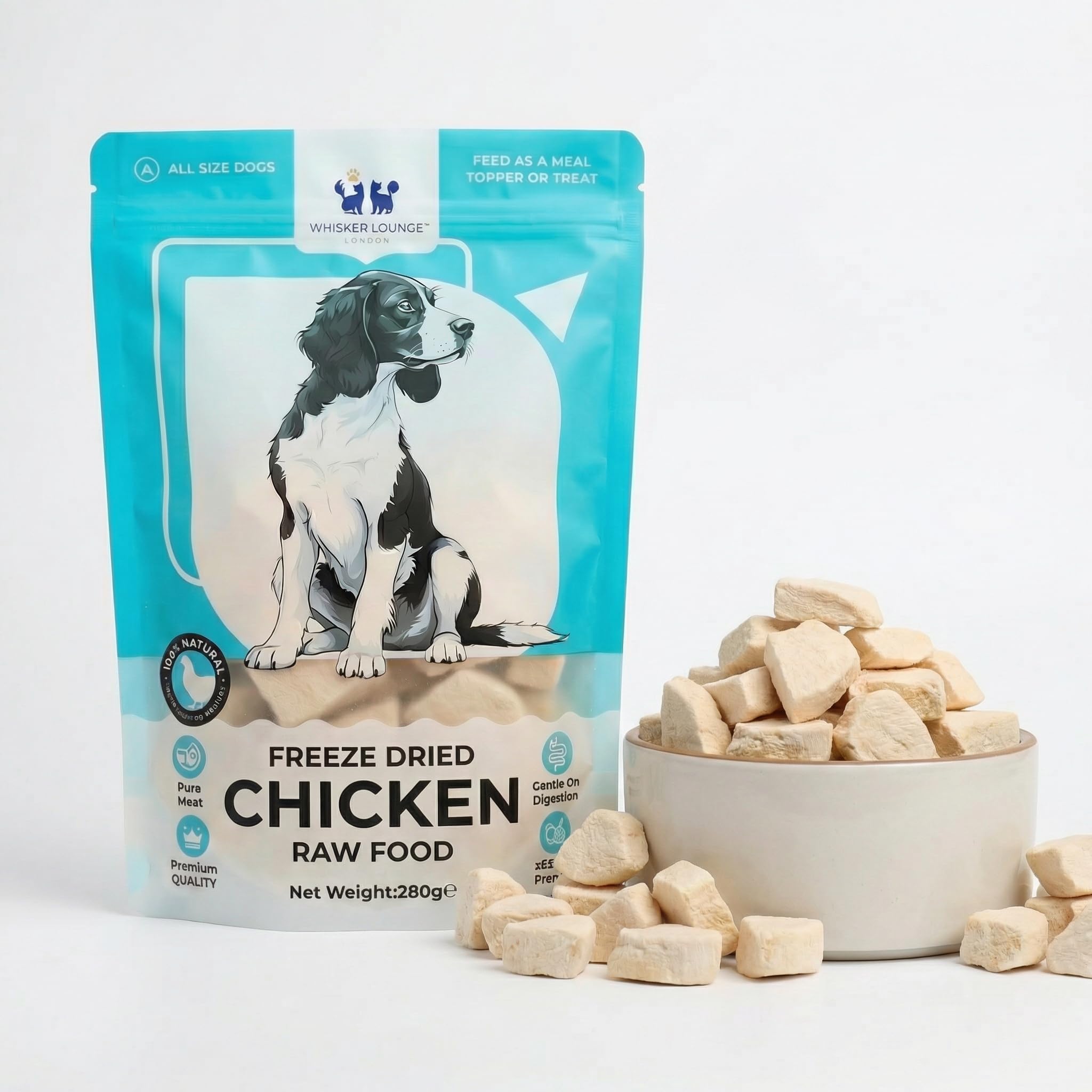 Freeze Dried Chicken Dog Treats 280g Bulk Value Pack, Resealable Bag, 100% Natural Chicken Breast, Hypoallergenic Grain Free Food Topper, Nutritious Easy to Digest