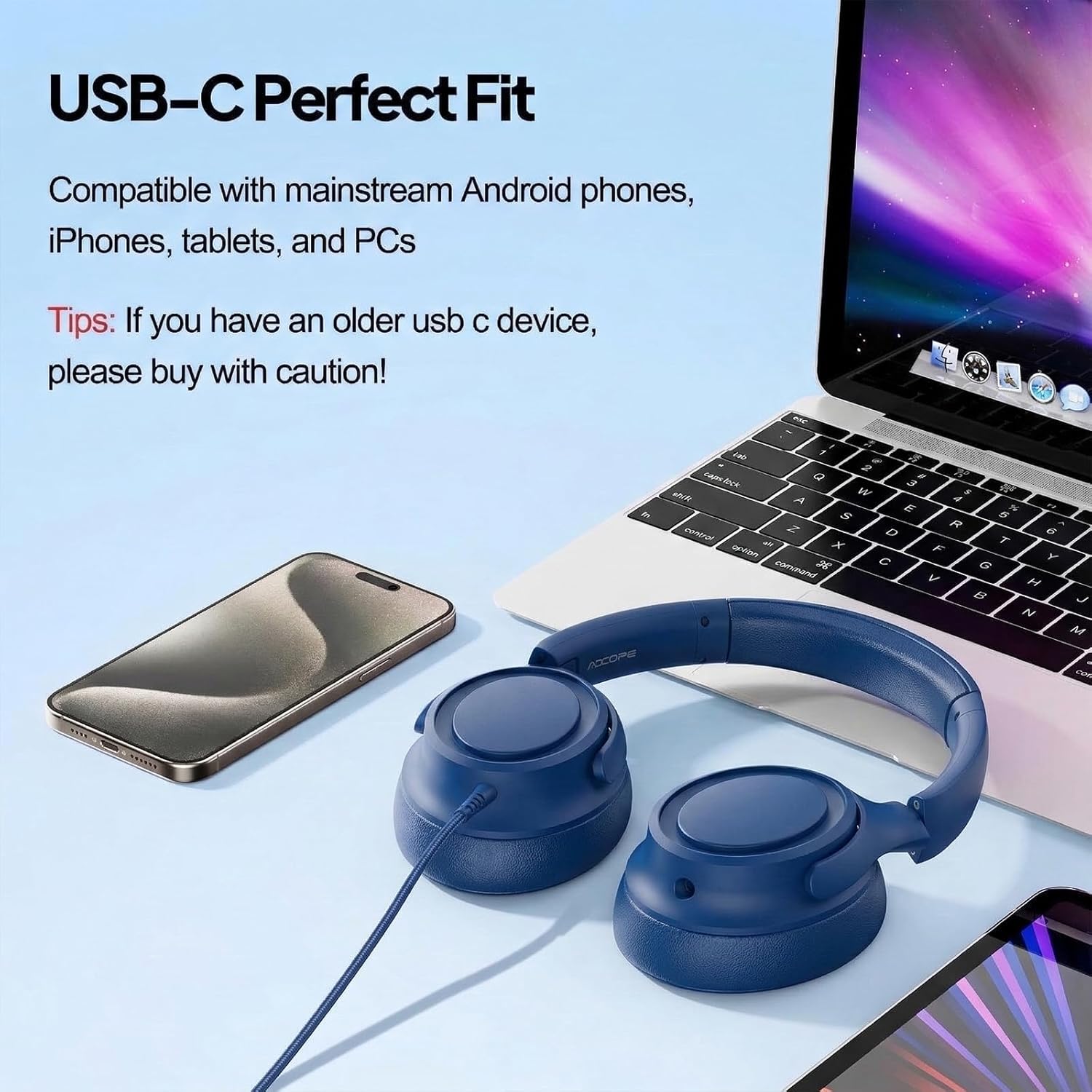 ADOOPE Wired Over-Ear Headphones with USB C Connector, Hi-Fi Stereo Sound, Noise-Isolating Ear Cups, Comfortable Fit for USB C Devices (No Bag, Blue)