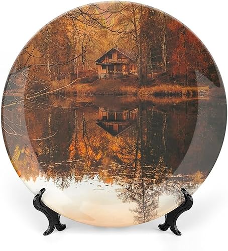 Platos decorativos de cerámica para exhibición, plato de lago de casa de campo de otoño, platos de postre de porcelana, plato decorativo de pared de