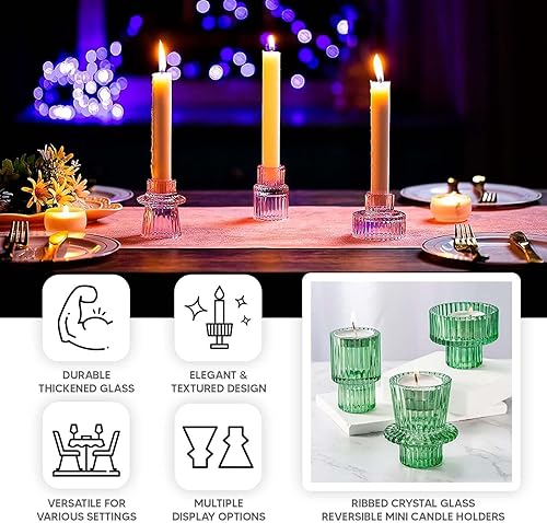 Miniatura 4 de Efavormart - Juego de 6 portavelas de cristal acanalado verde esmeralda cazador de 3 pulgadas, mini candelabros votivos reversibles