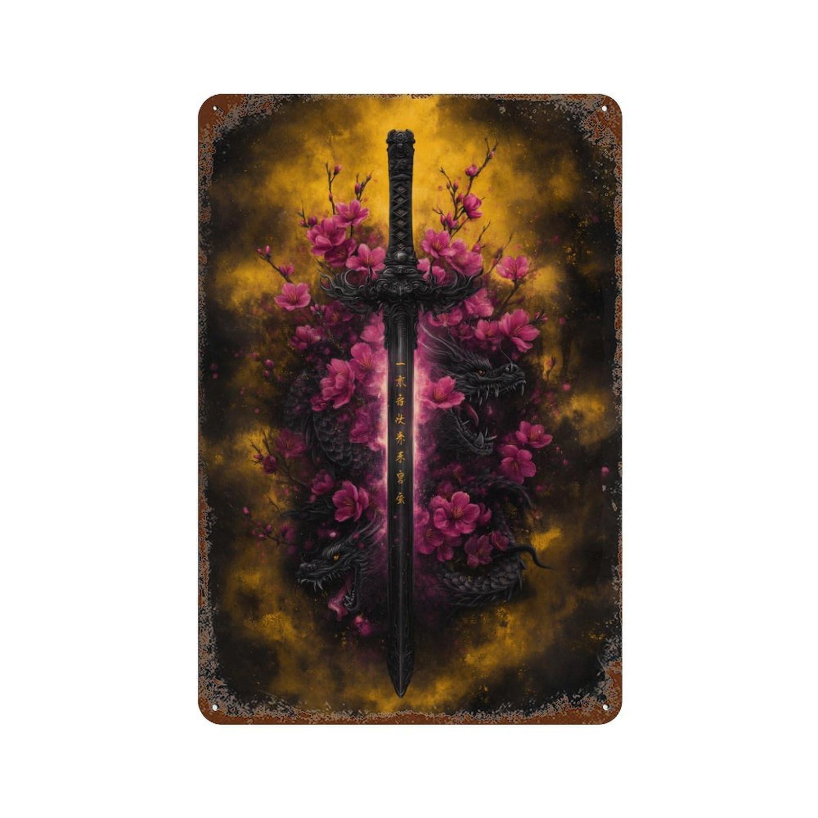 Dragon Sword with Flowers Art Print -1 Rustic Tin Plaque 11.8"x7.9", Classic Wall Plaque for Garage, Pub Or Kitchen