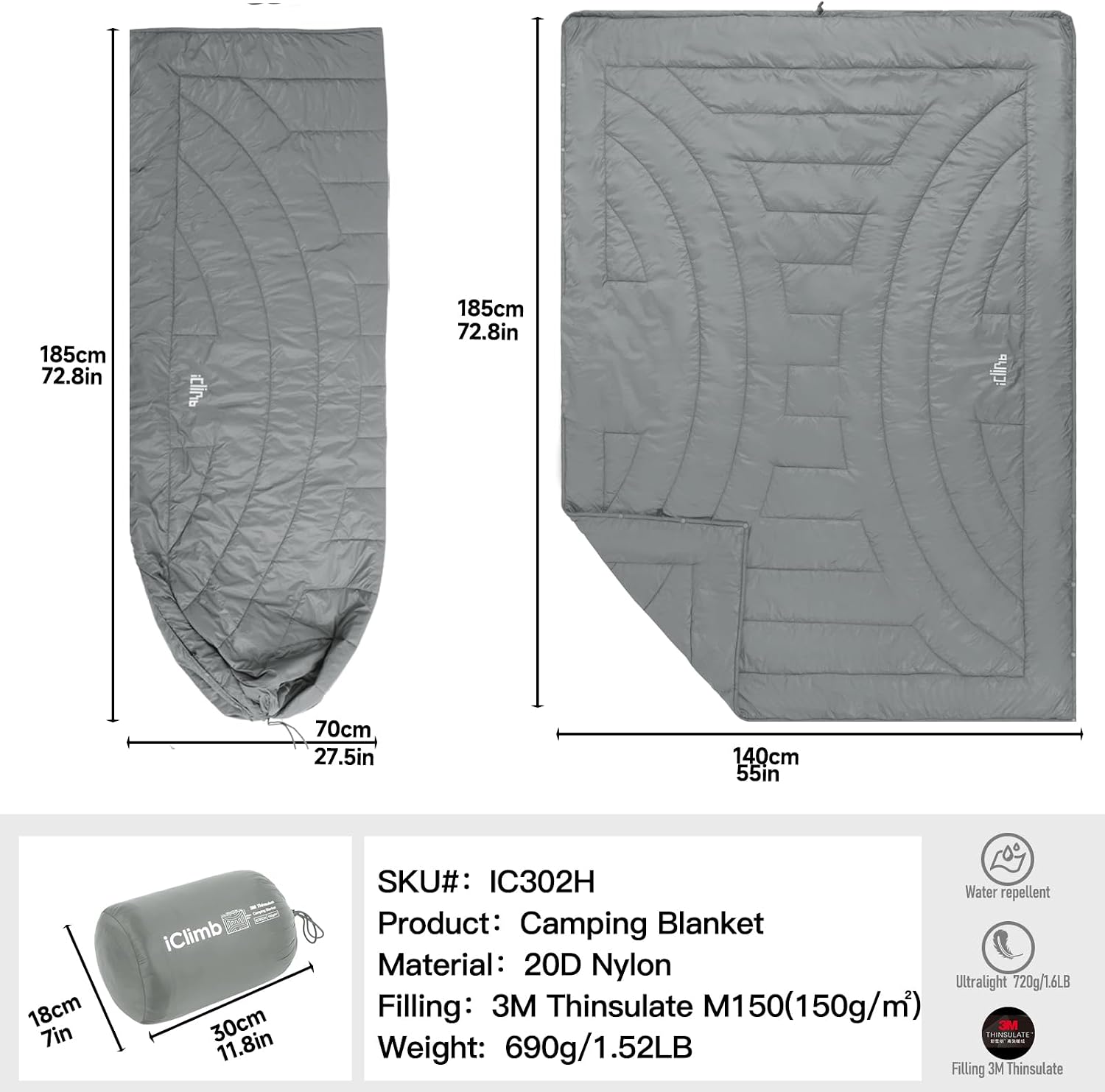 iClimb 3M Thinsulate Insulation Warm Camping Blanket Ultralight Compact