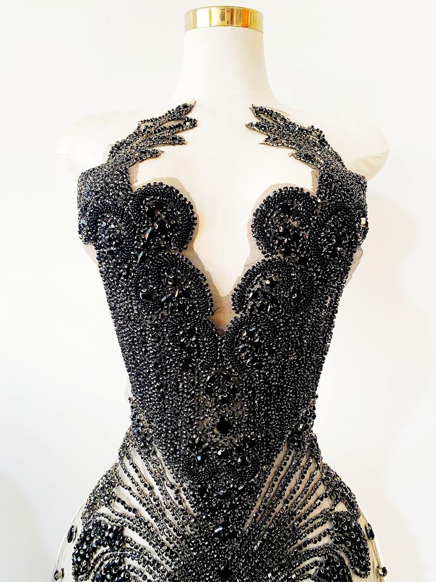 Large Handmade Beaded Crystal Patches Bodice Glass Rhinestone Applique Designs for Prom Formal Dress (Black)