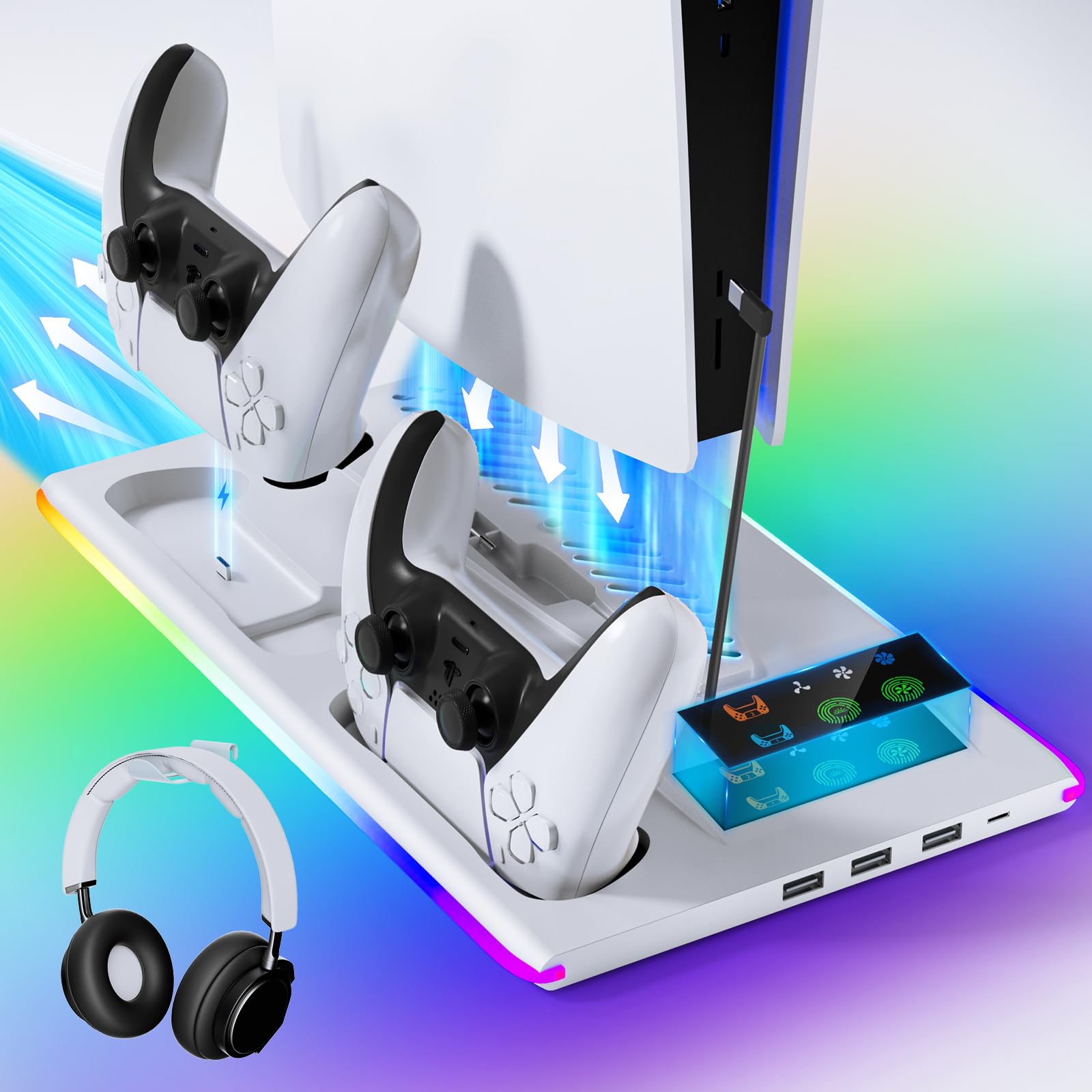 PS5/PS5 Slim Ständer mit 3 Stufig Lüfter und 3 USB Anschlüsse, PS5 Standfuß mit RGB Licht, PS5 Controller Ladestation, PS5 Halterung mit Headset Halter, für PS5 Zubehör, PS5 Digital/Disc Edition