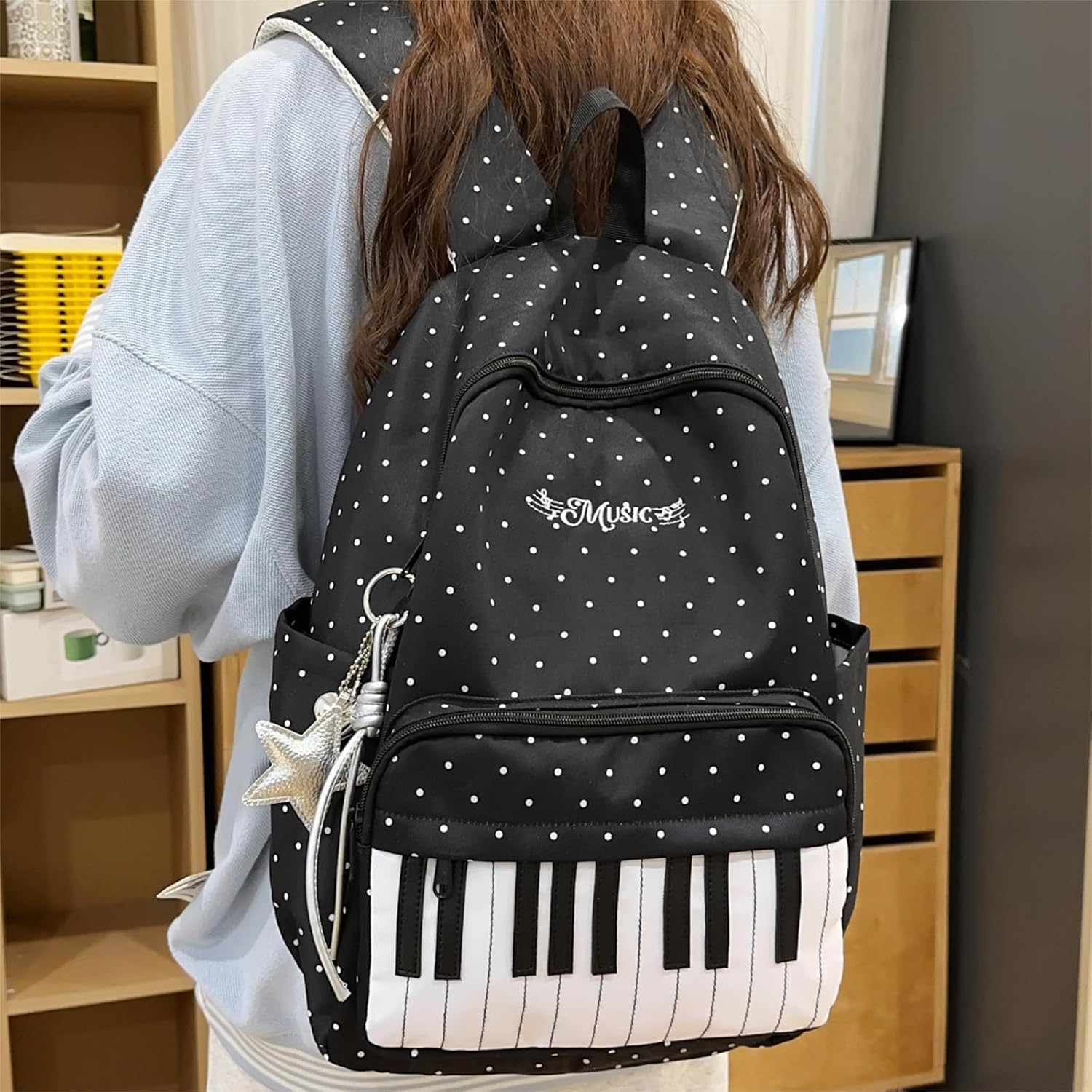 Klavier-Rucksack für Damen und Mädchen, Nylon-Schulrucksack mit Punkten und Anhänger für Schule, Studium, Reisen und Alltag (Black-B)