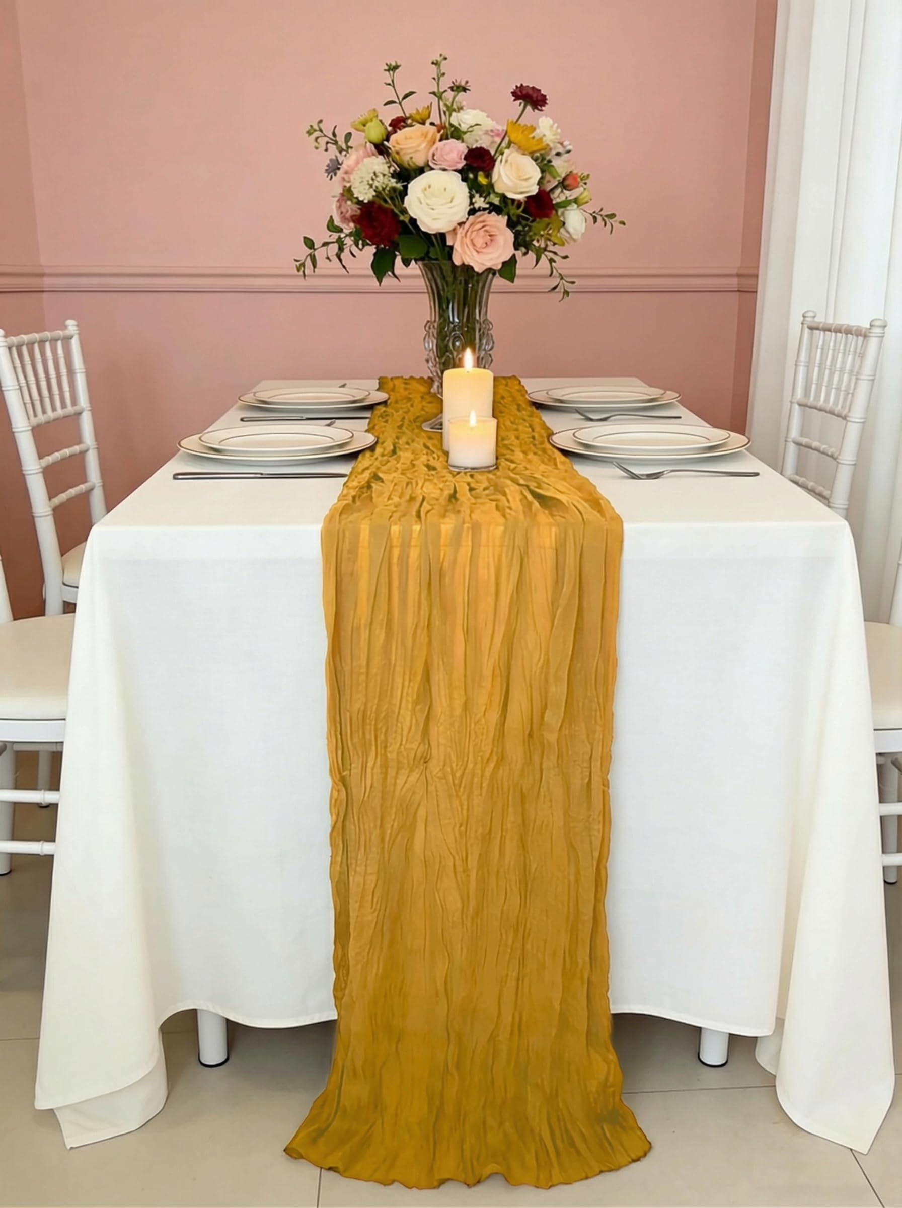Photo 1 of 10 Pack Gold Cheesecloth Table Runner 17×120 Inch Gauze 10 FT Long Cheese Cloth Table Runners for Bridal Wedding Party Baby Shower Holiday Birthday Home Easter Decor (Gold, 17"×120"-10PC)