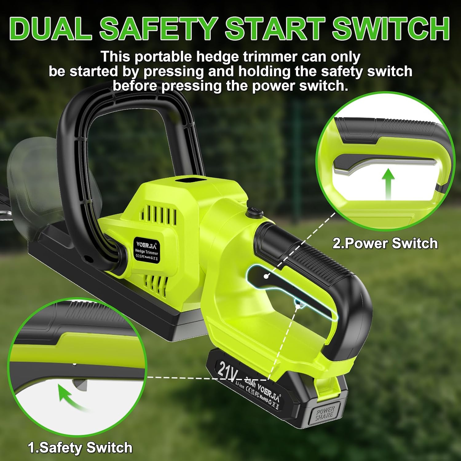 21V Hedge Trimmer Cordless with Battery, 20" Lightweight Electric Bush Trimmer, 2X 2.0Ah Batteries & LCD Display, 180° Rotating Handle, 3000RPM Dual-Action Blades, 2/3" Gap for Shrubs