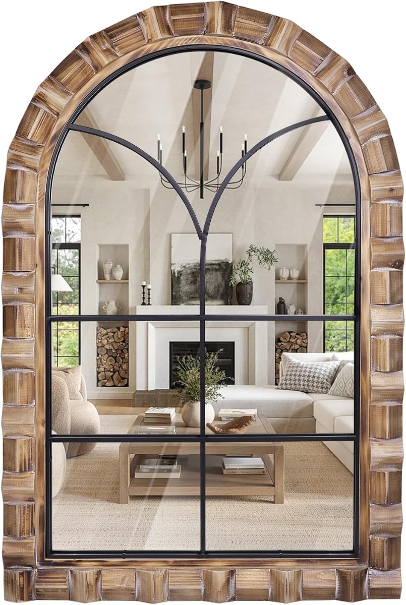 36x24 Inch Arched Window Pane Wall Mirror | Rustic Farmhouse Solid Wood Decorative Mirror for for Living Room, Bedroom, Entryway & Bathroom