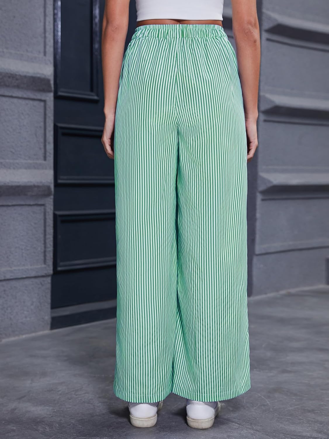 Scacto Women's Striped Wide Leg Pants with Pockets High Waist Drawstring Loose Trousers Palazzo Pants Green - Image 2