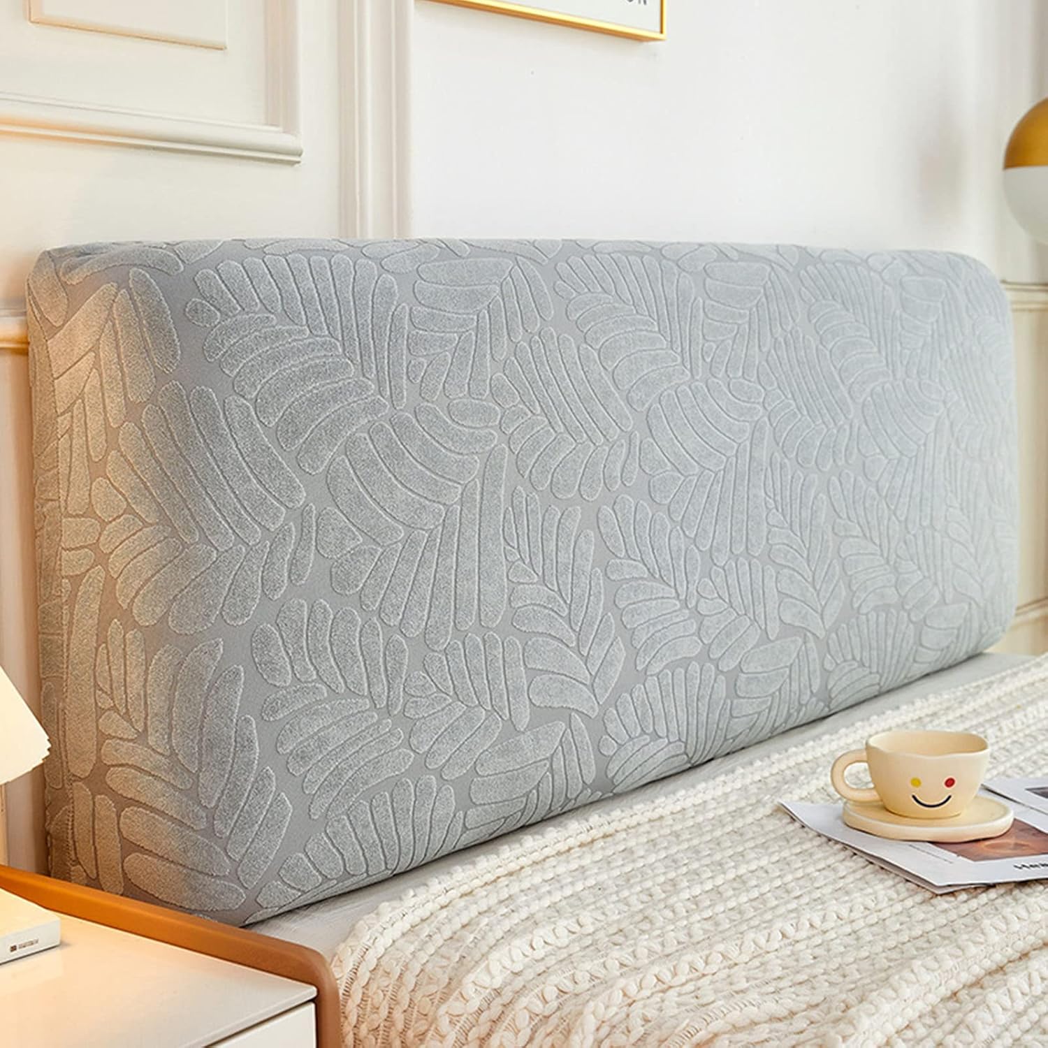 EFELIM Stretch Bed Headboard Slipcover for Full Queen Cal King Size, Jacquard Curved Bed Headboard Cover Dustproof Protector Cover for Bedroom Decor (A Gray,King)