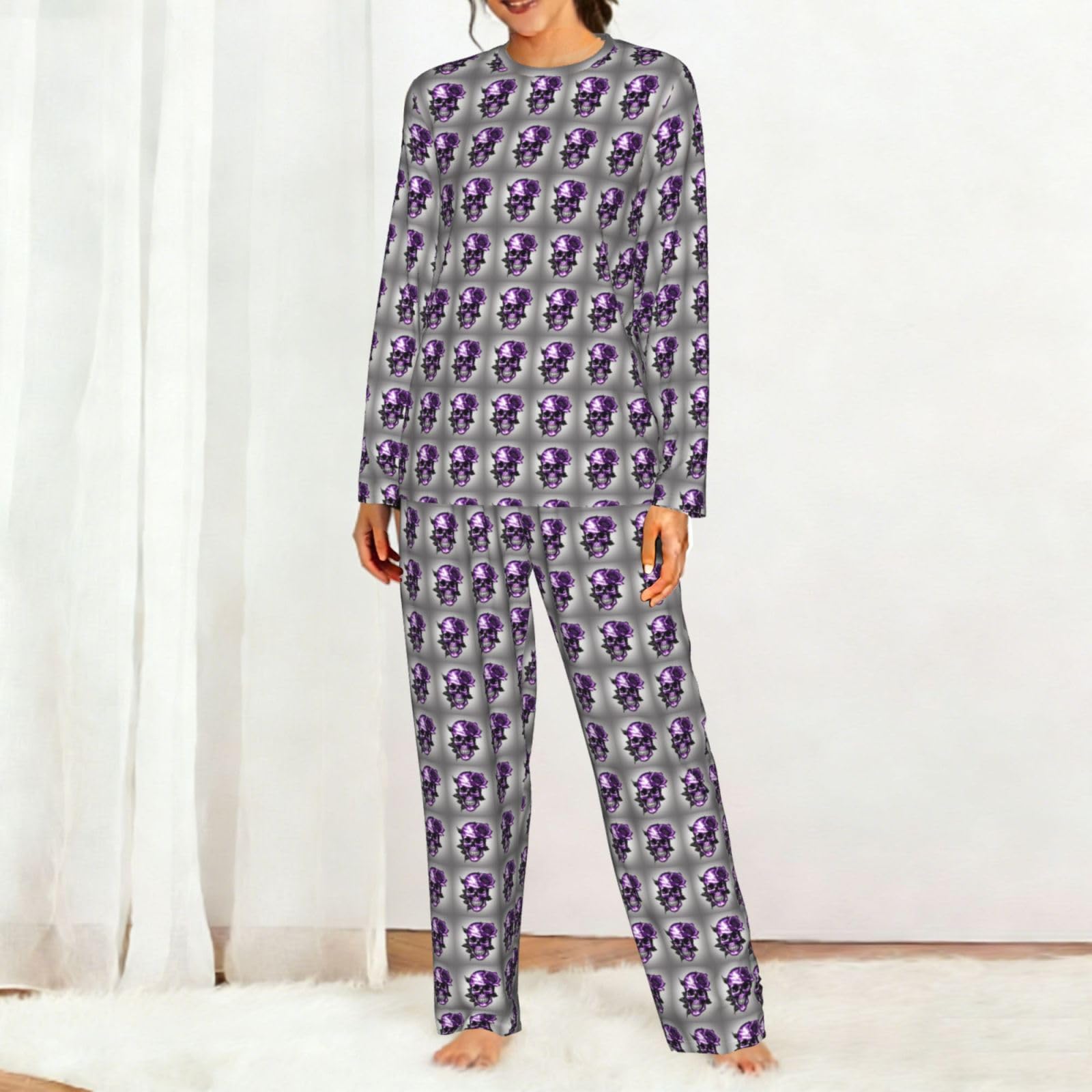 Viola Rosa E Cranio Stampa Delle Donne Manica Lunga Pigiama Abbinamento Quotidiano Confortevole Loungewear Abiti Da Notte