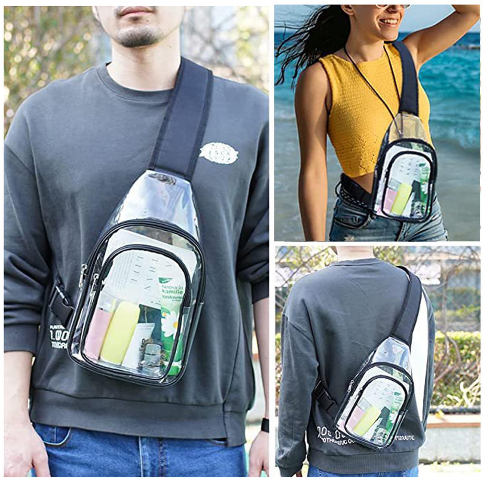 Bolsa de Pecho Transparente de PVC, Aprobado por Estadios Bolso Bandolera Hombre, Bolso Transparente Mujer con Correa Ajustable, Riñonera Resistente Al Aguariñonera para Conciertos Viajes