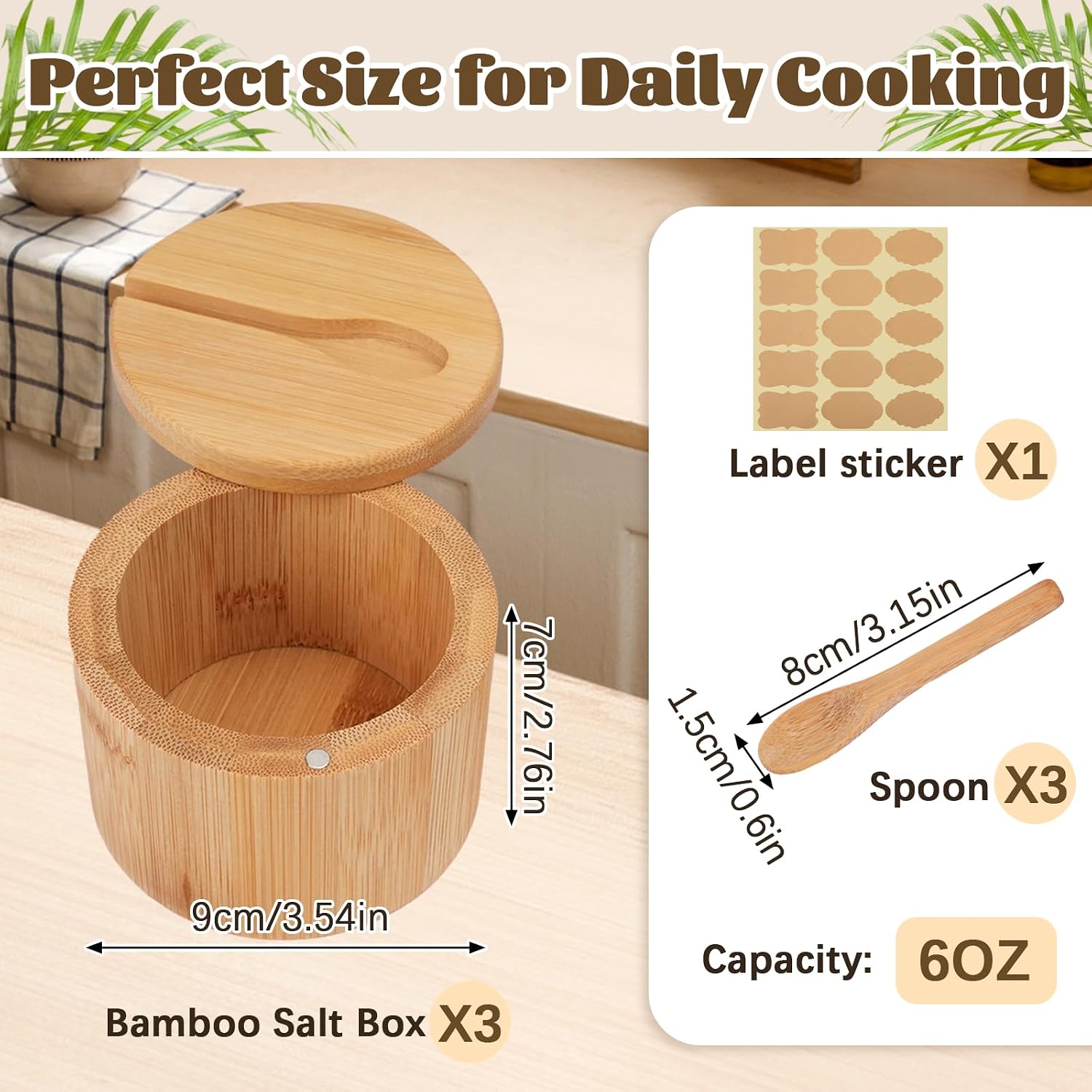 3Pcs Bamboo Salt Cellar, Salt Box Bowl with Magnetic Swivel Lid & Spoon, Round Salt Container Holder Spice Box with Label Stickers to Storage Pepper Spice Sea Herbs Sugar for Countertop,6 OZ
