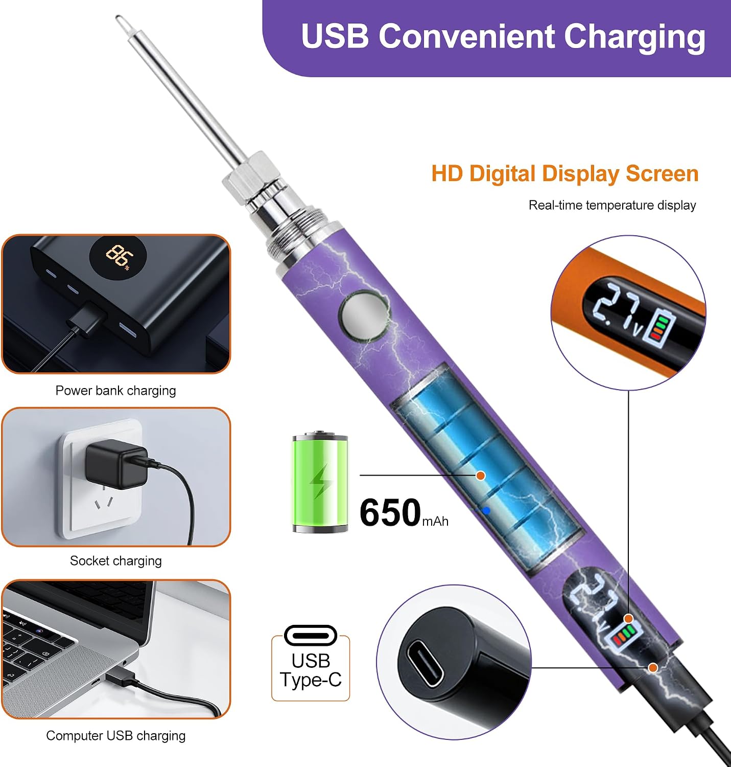 Rechargeable Thread Burner kit，Knitting & Beading Thread Burning Tool，For Leather Craft,Sewing,Weaving And Stringing, Beading,Wooden Board Hot Stamping,Molten Wax Carving. (Purple)